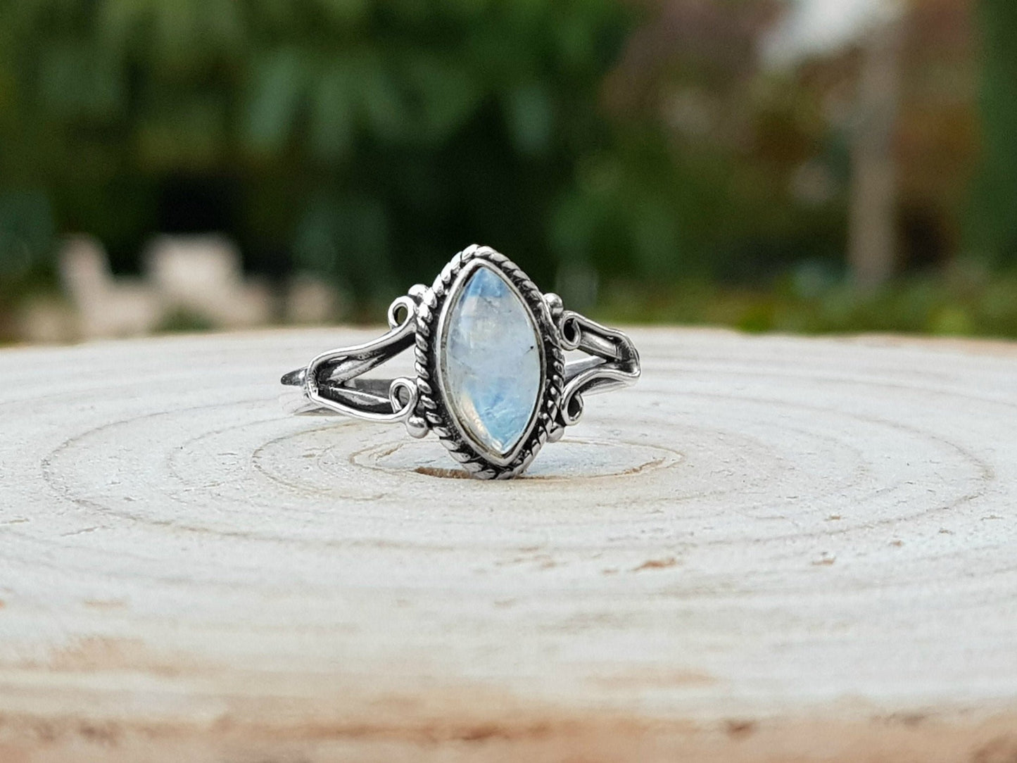 Rainbow Moonstone Marquise Ring: 925 Sterling Silver Swirl Statement Ring - LunarGem - Rings