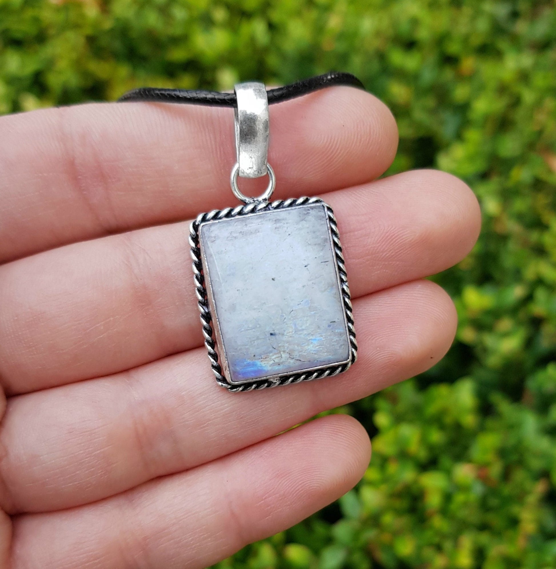 Rainbow Moonstone Pendant, 925 Sterling Silver Boho Necklace - LunarGem - 