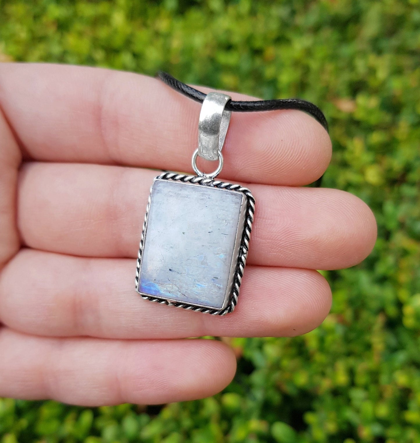 Rainbow Moonstone Pendant, 925 Sterling Silver Boho Necklace - LunarGem - 