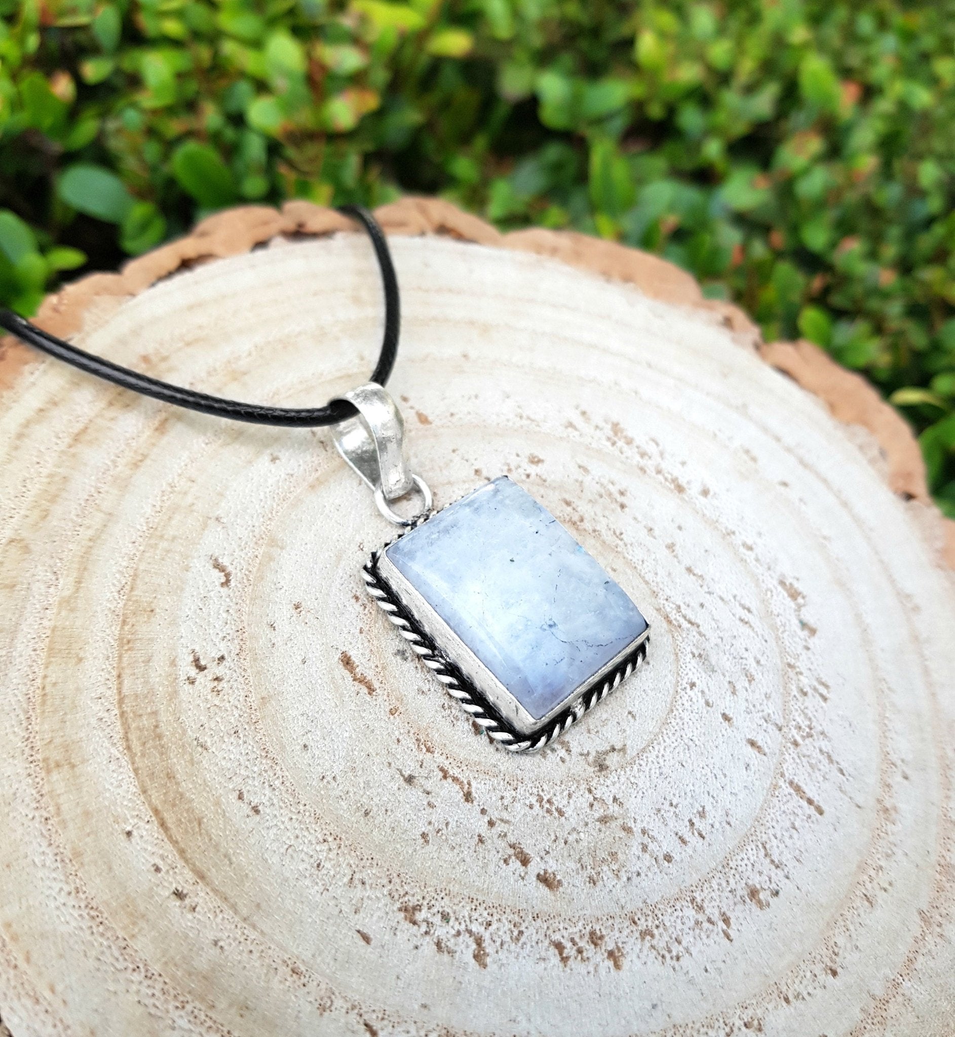 Rainbow Moonstone Pendant, 925 Sterling Silver Boho Necklace - LunarGem - 