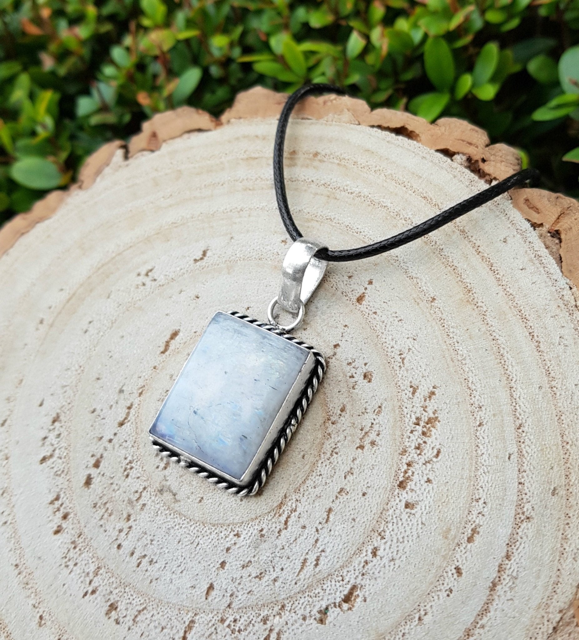 Rainbow Moonstone Pendant, 925 Sterling Silver Boho Necklace - LunarGem - 