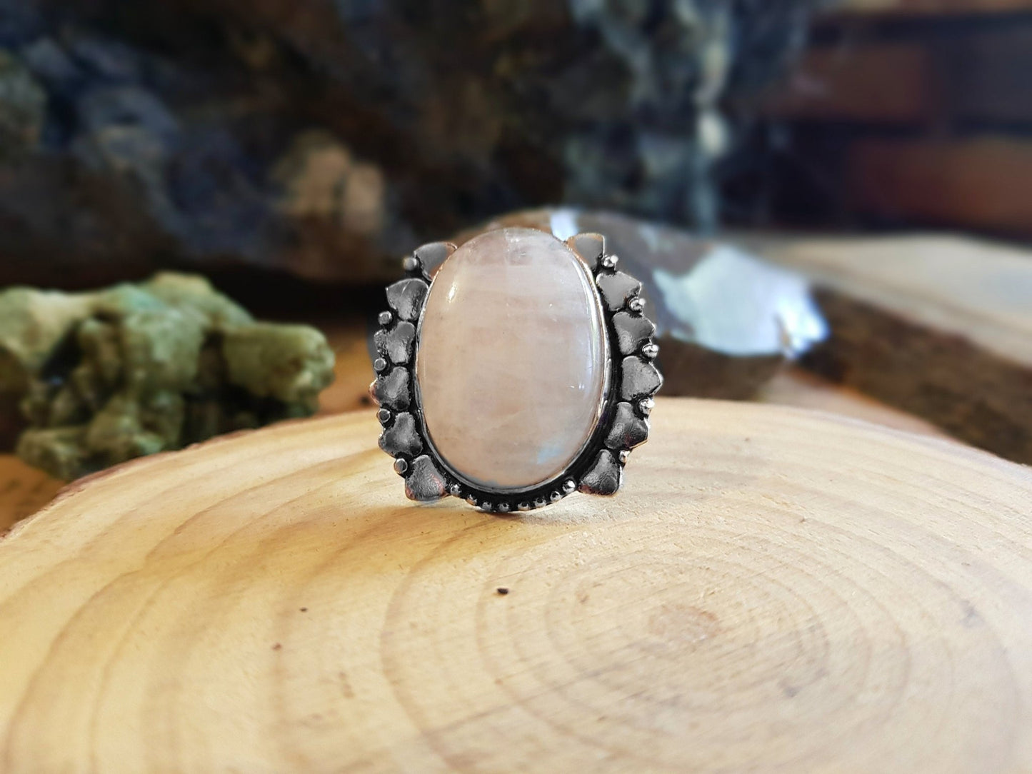 Rainbow Moonstone Ring, Sterling Silver, US Size 7.75, One - of - a - Kind - LunarGem - 