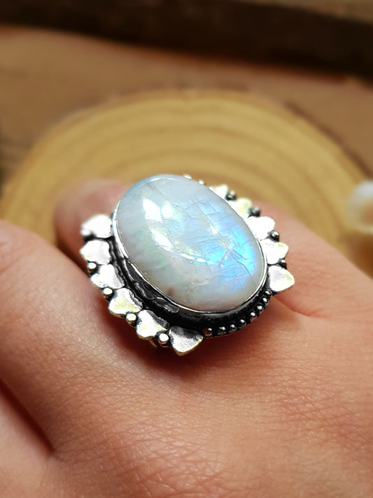 Rainbow Moonstone Ring, Sterling Silver, US Size 7.75, One - of - a - Kind - LunarGem - 