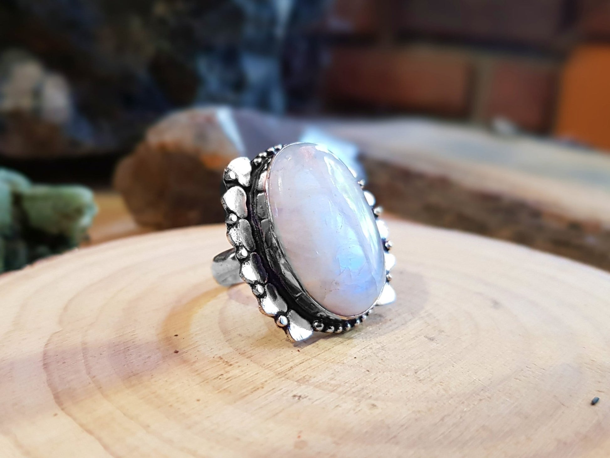 Rainbow Moonstone Ring, Sterling Silver, US Size 7.75, One - of - a - Kind - LunarGem - 