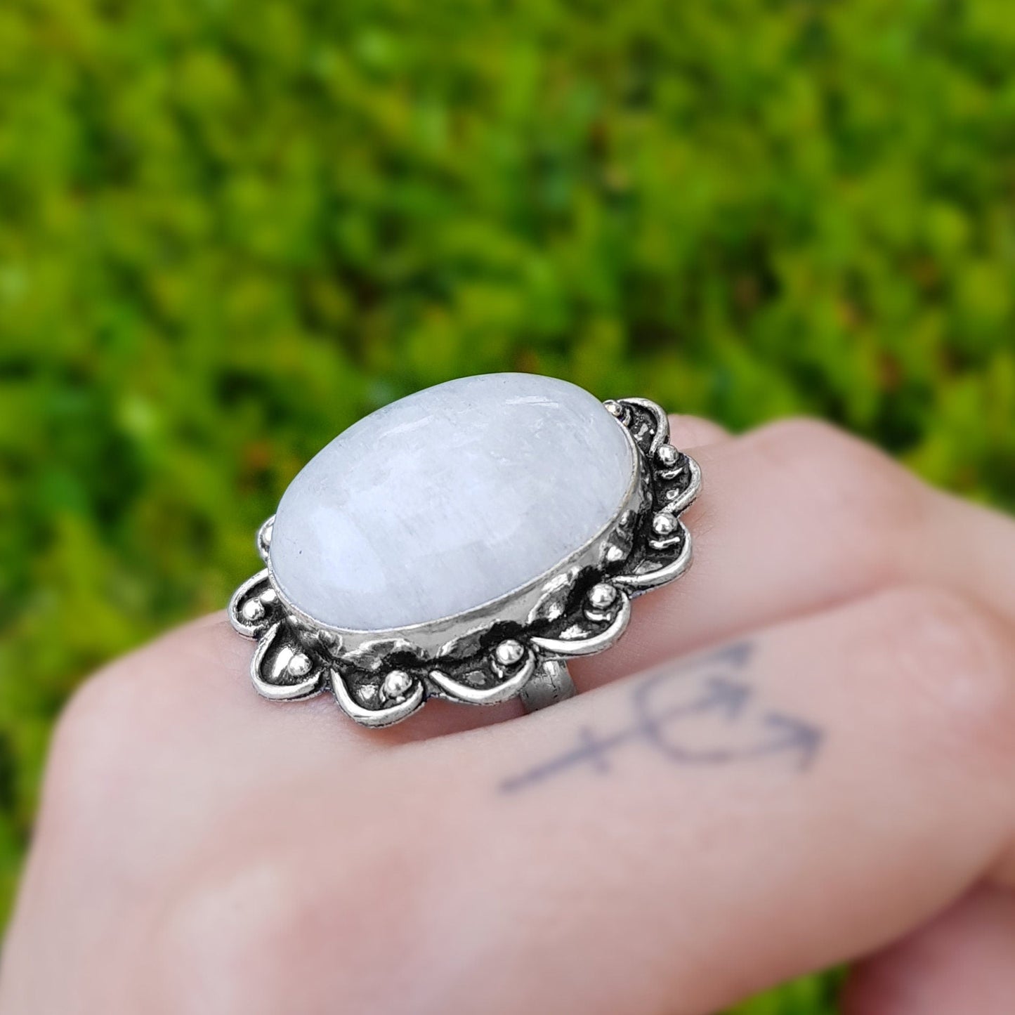 Rainbow Moonstone Statement Ring, Sterling Silver, Boho Jewelry, US Size 8.5 - LunarGem - Rings
