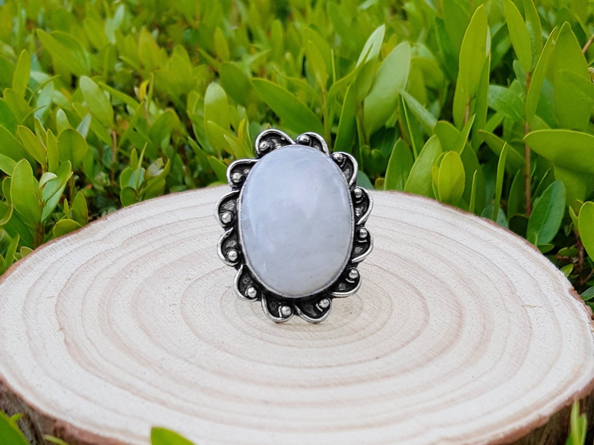 Rainbow Moonstone Statement Ring, Sterling Silver, Boho Jewelry, US Size 8.5 - LunarGem - Rings