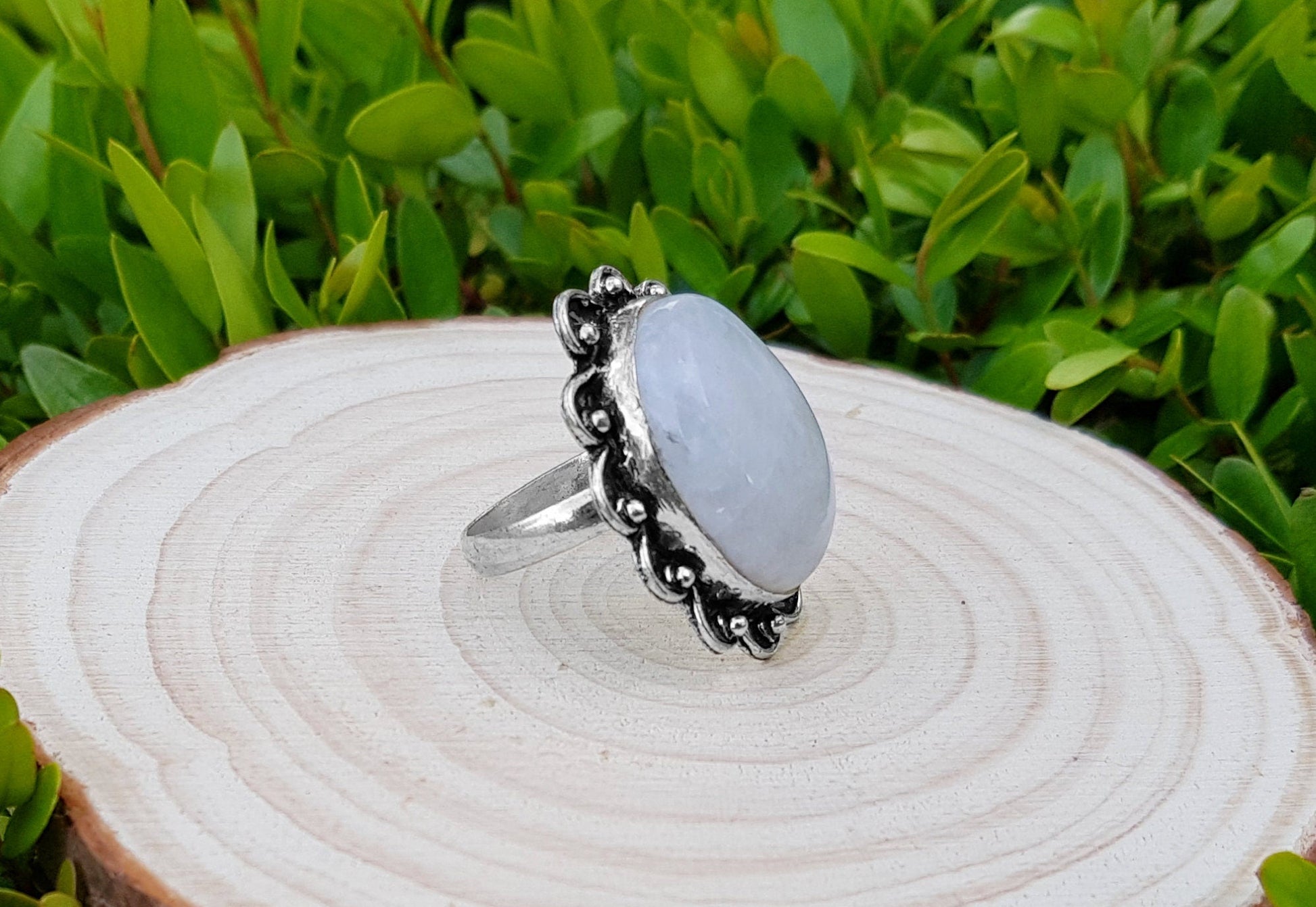 Rainbow Moonstone Statement Ring, Sterling Silver, Boho Jewelry, US Size 8.5 - LunarGem - Rings