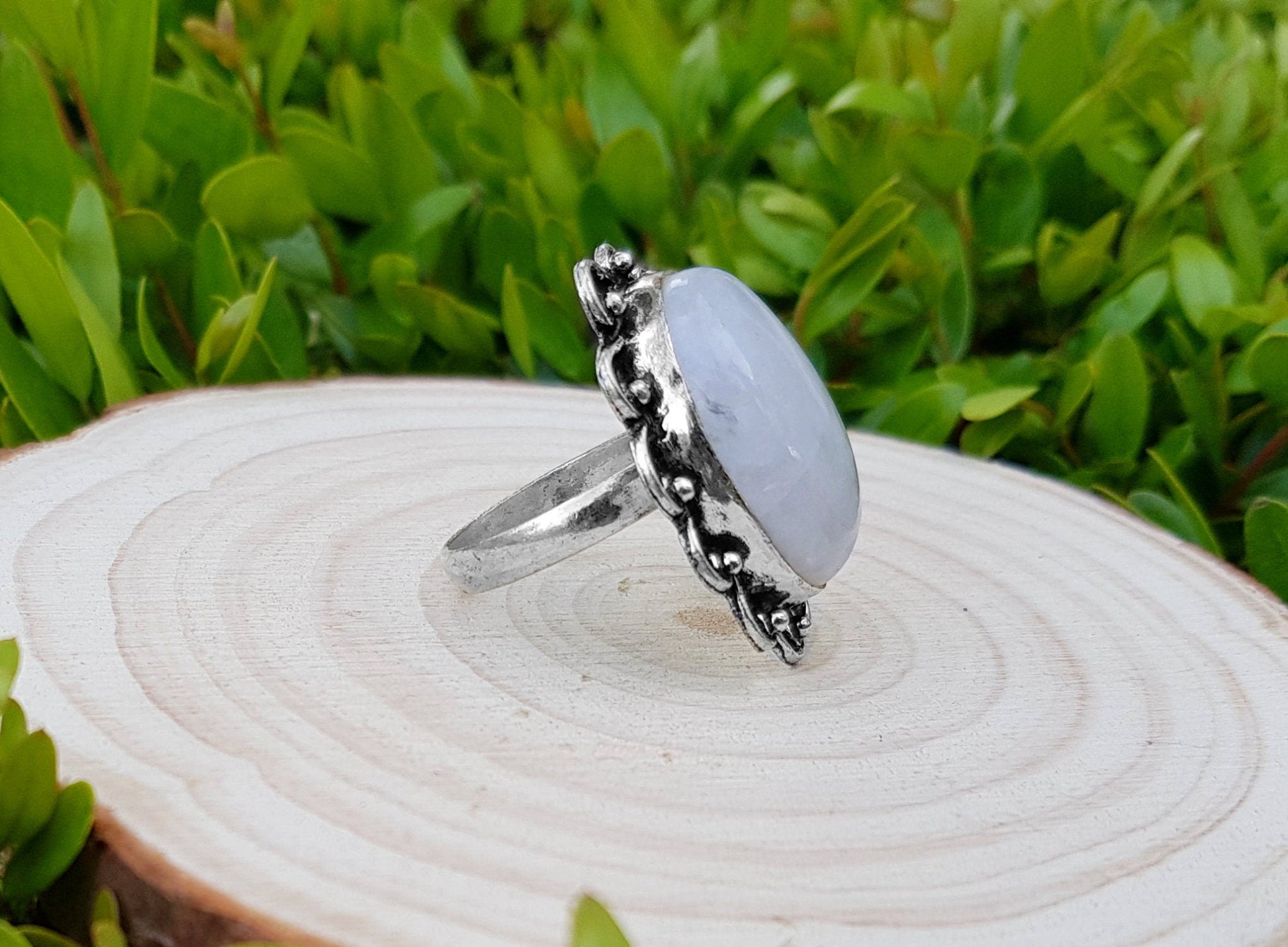 Rainbow Moonstone Statement Ring, Sterling Silver, Boho Jewelry, US Size 8.5 - LunarGem - Rings