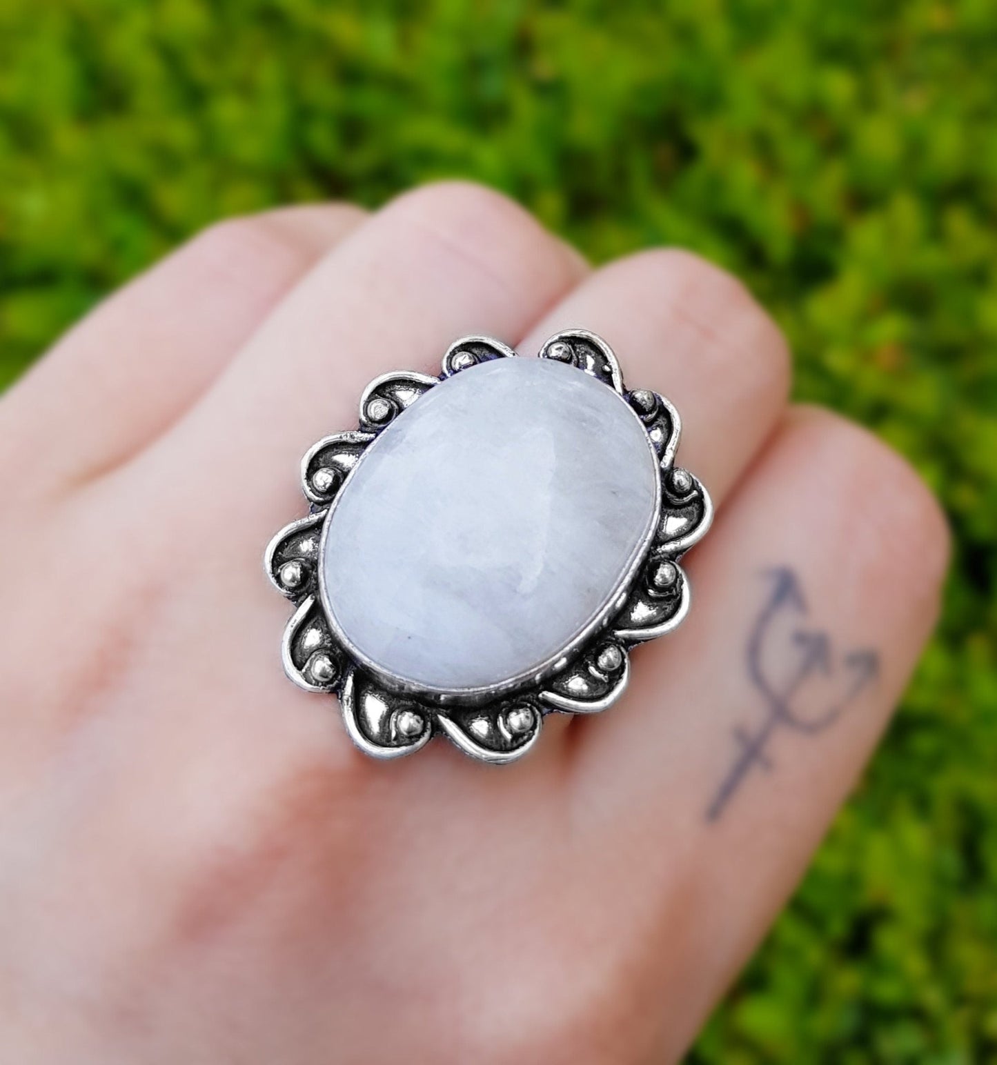Rainbow Moonstone Statement Ring, Sterling Silver, Boho Jewelry, US Size 8.5 - LunarGem - Rings
