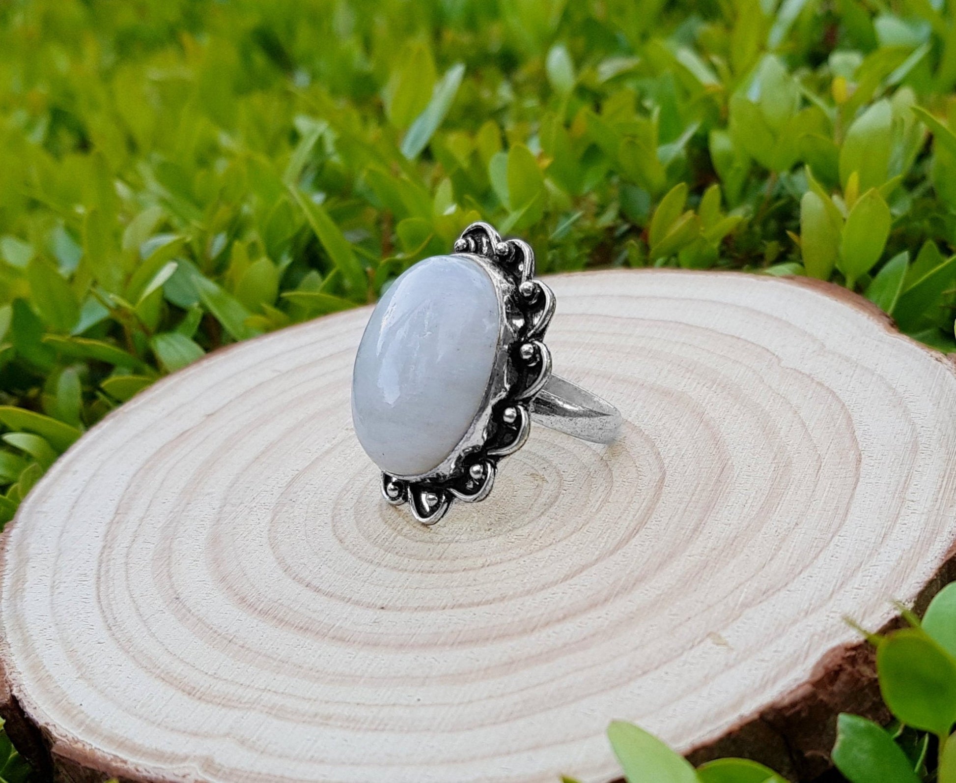 Rainbow Moonstone Statement Ring, Sterling Silver, Boho Jewelry, US Size 8.5 - LunarGem - Rings