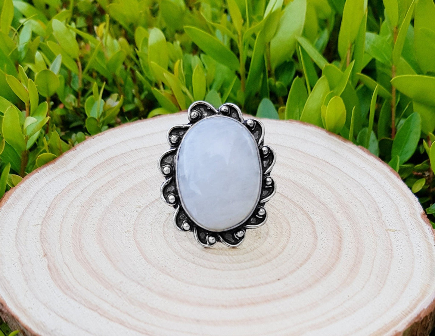 Rainbow Moonstone Statement Ring, Sterling Silver, Boho Jewelry, US Size 8.5 - LunarGem - Rings