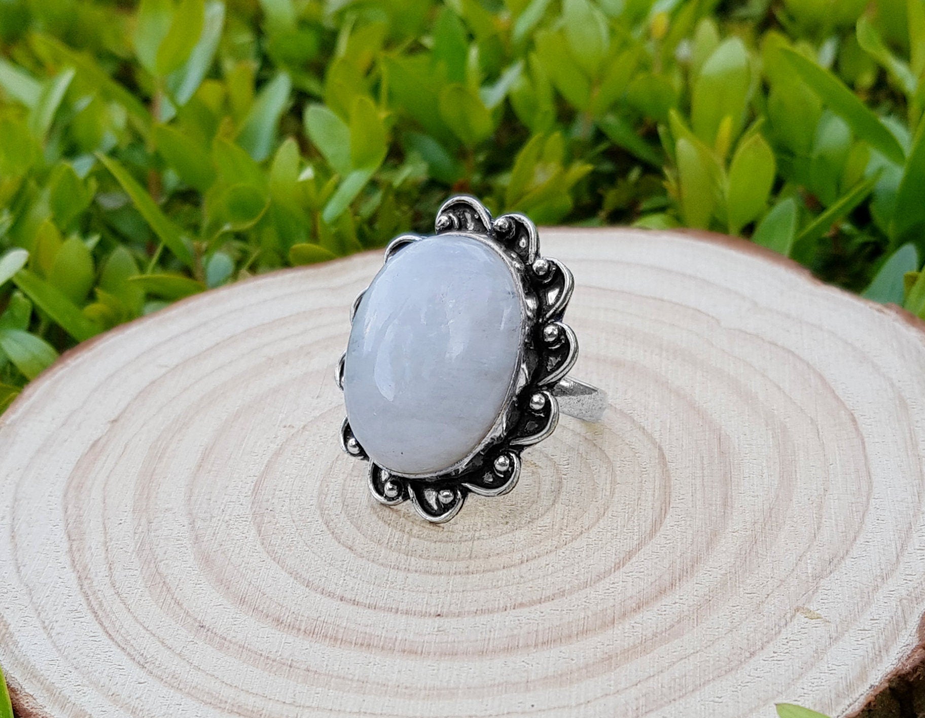 Rainbow Moonstone Statement Ring, Sterling Silver, Boho Jewelry, US Size 8.5 - LunarGem - Rings