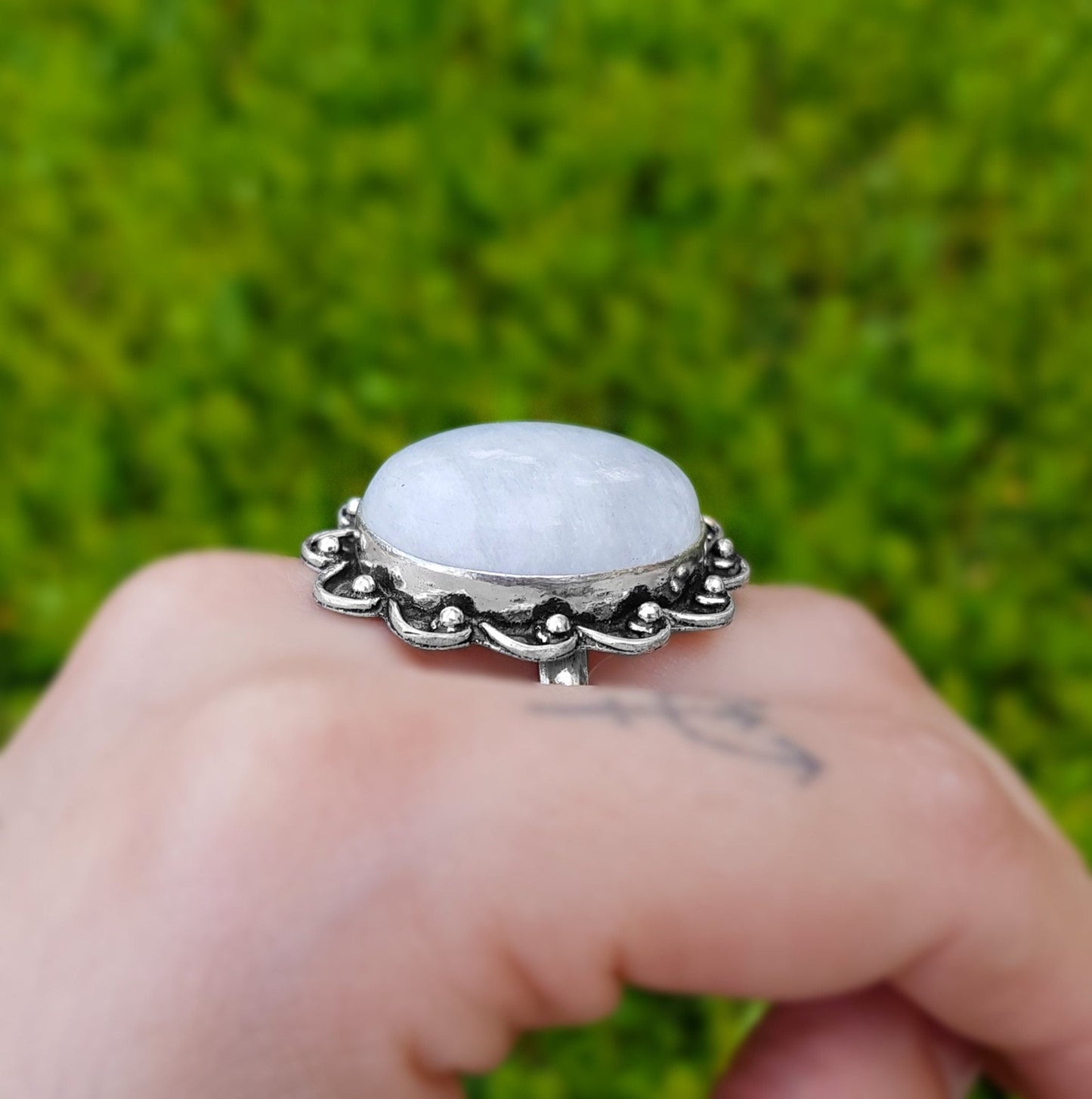 Rainbow Moonstone Statement Ring, Sterling Silver, Boho Jewelry, US Size 8.5 - LunarGem - Rings