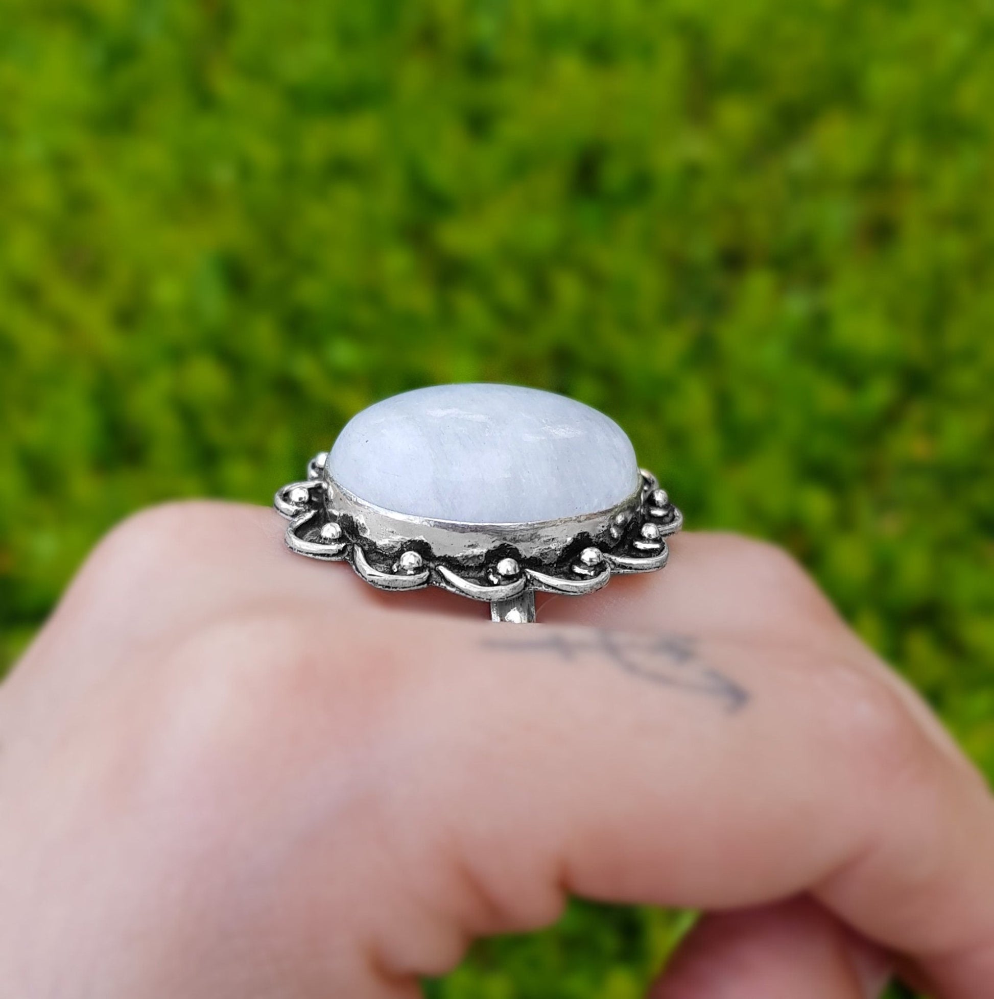 Rainbow Moonstone Statement Ring, Sterling Silver, Boho Jewelry, US Size 8.5 - LunarGem - Rings