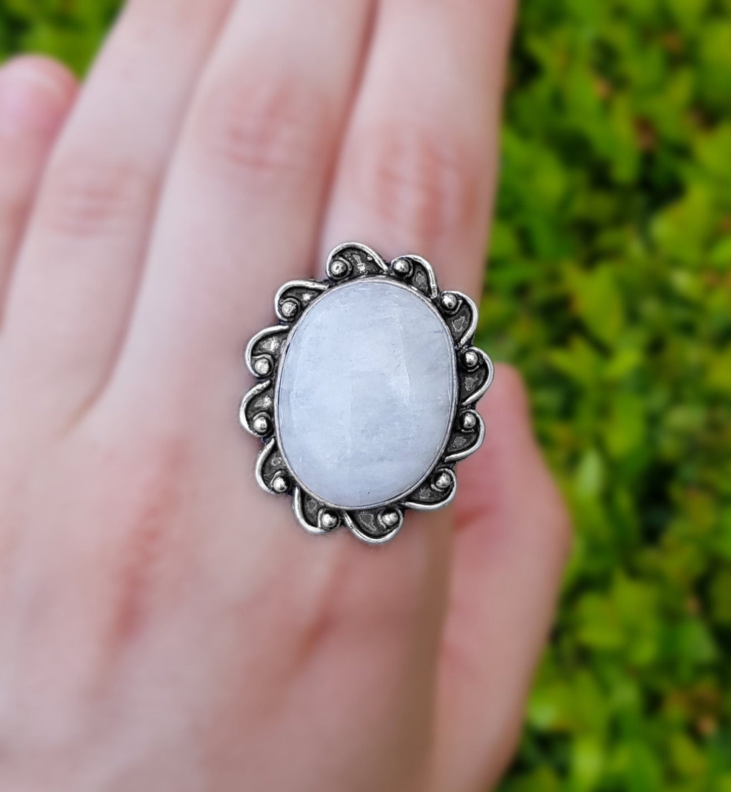 Rainbow Moonstone Statement Ring, Sterling Silver, Boho Jewelry, US Size 8.5 - LunarGem - Rings