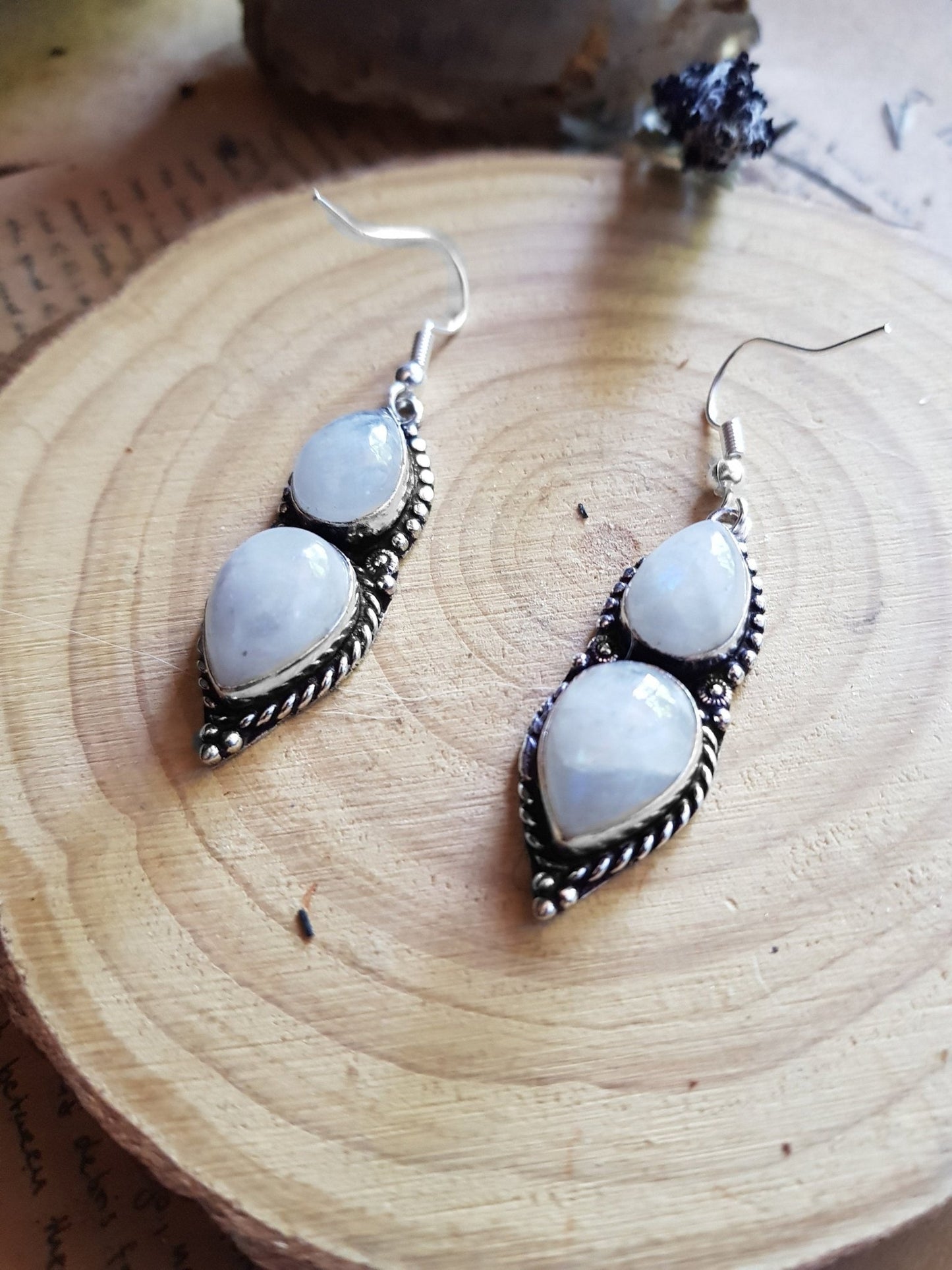 Rainbow Moonstone Sterling Silver Dangle Earrings: Hypoallergenic Boho Jewelry - LunarGem - 