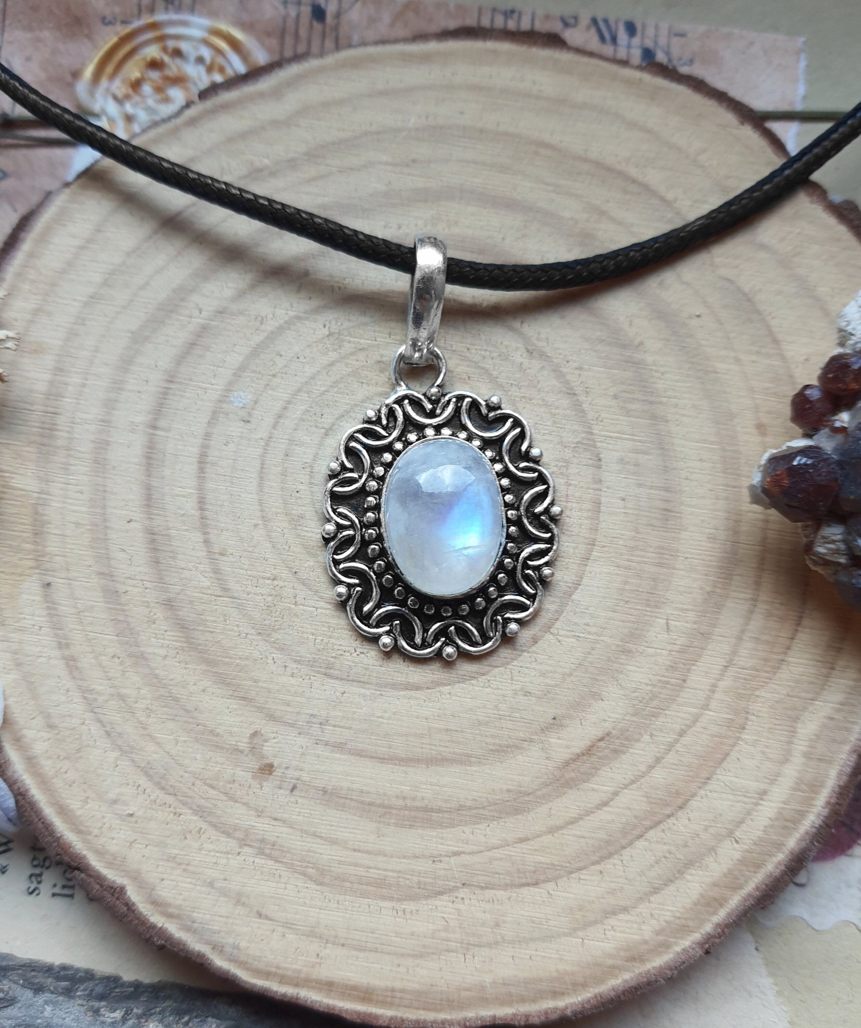 Rainbow Moonstone Sterling Silver Necklace, Oval Filigree Pendant - LunarGem - 