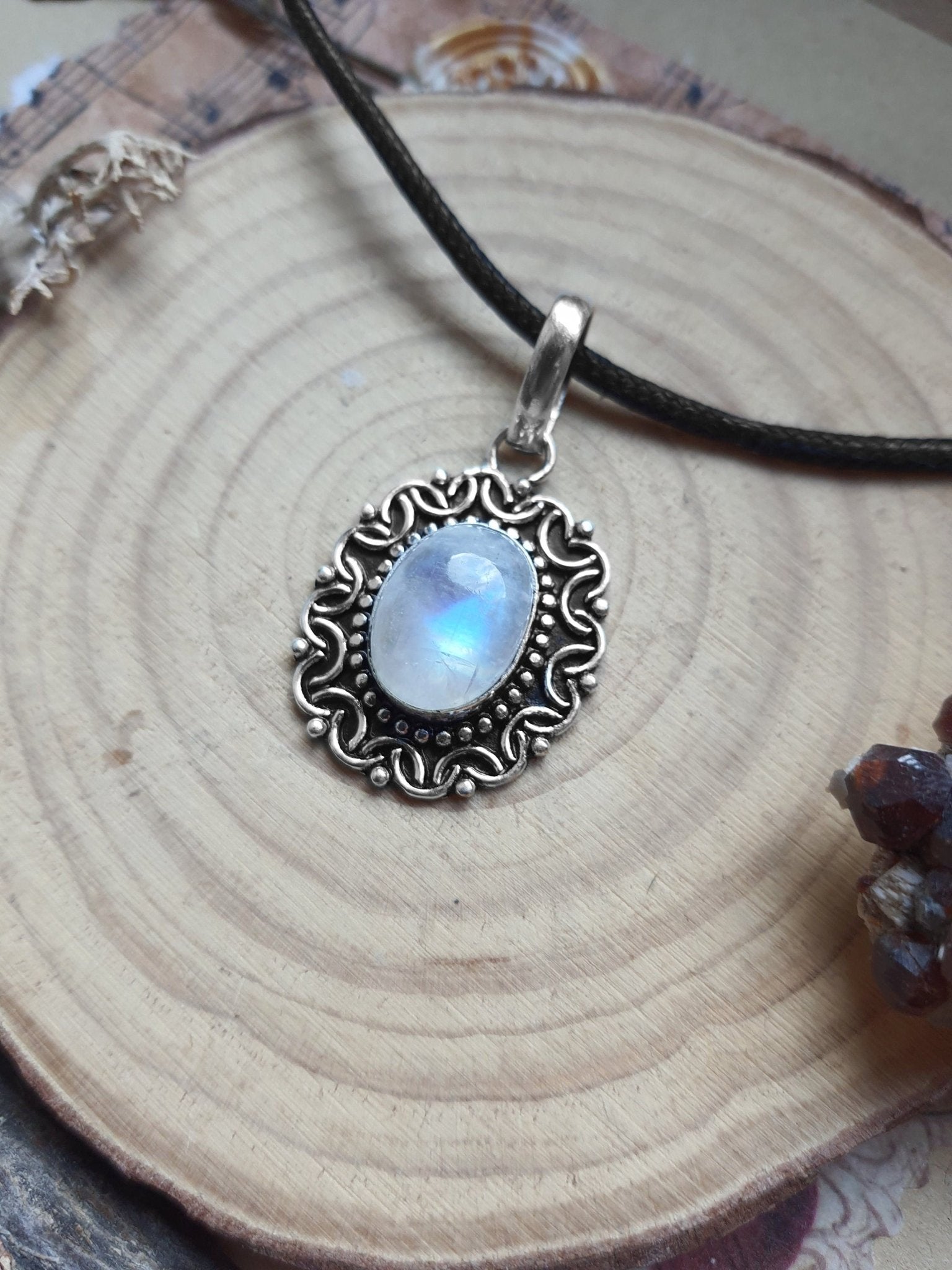 Rainbow Moonstone Sterling Silver Necklace, Oval Filigree Pendant - LunarGem - 
