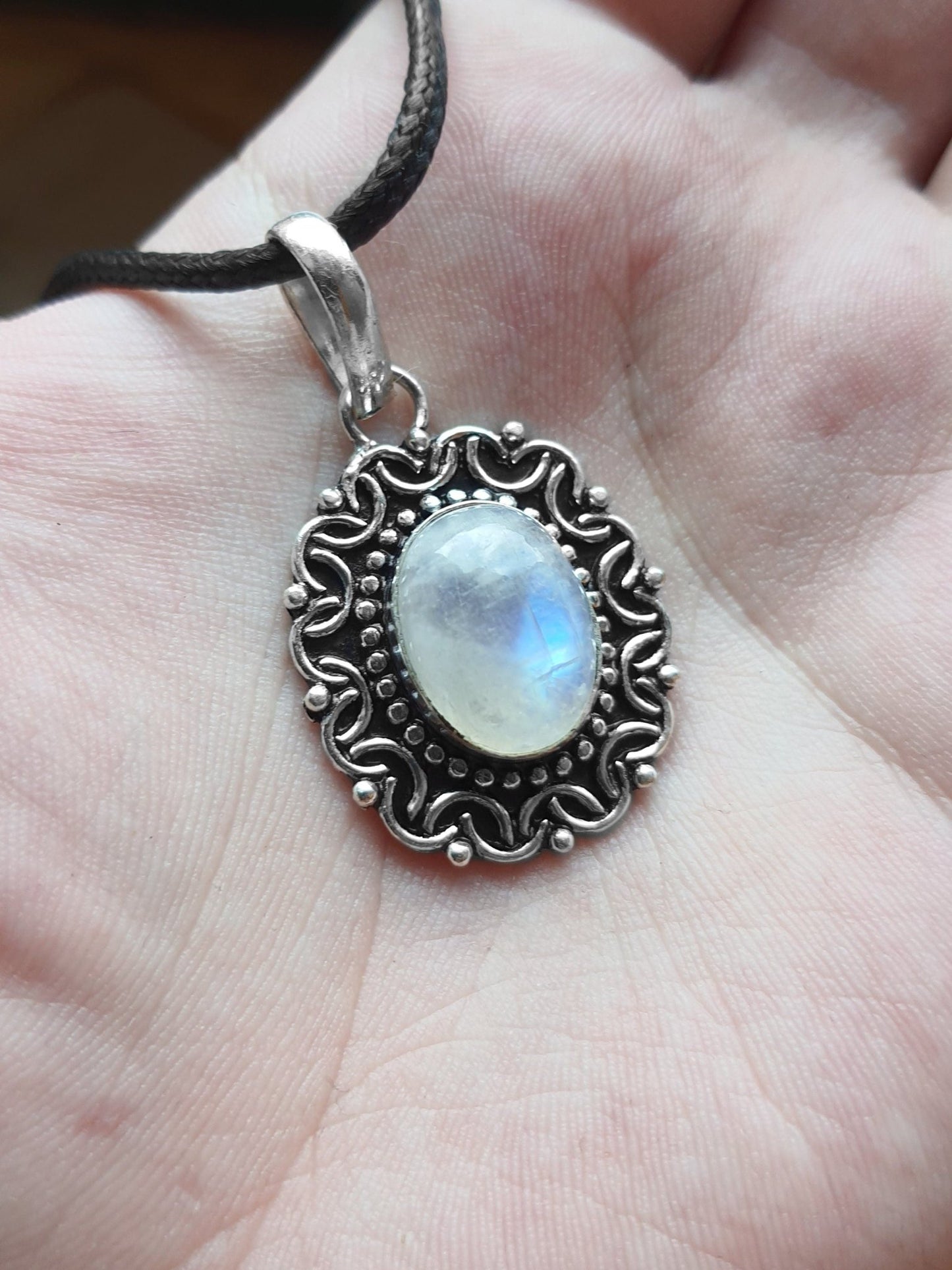 Rainbow Moonstone Sterling Silver Necklace, Oval Filigree Pendant - LunarGem - 