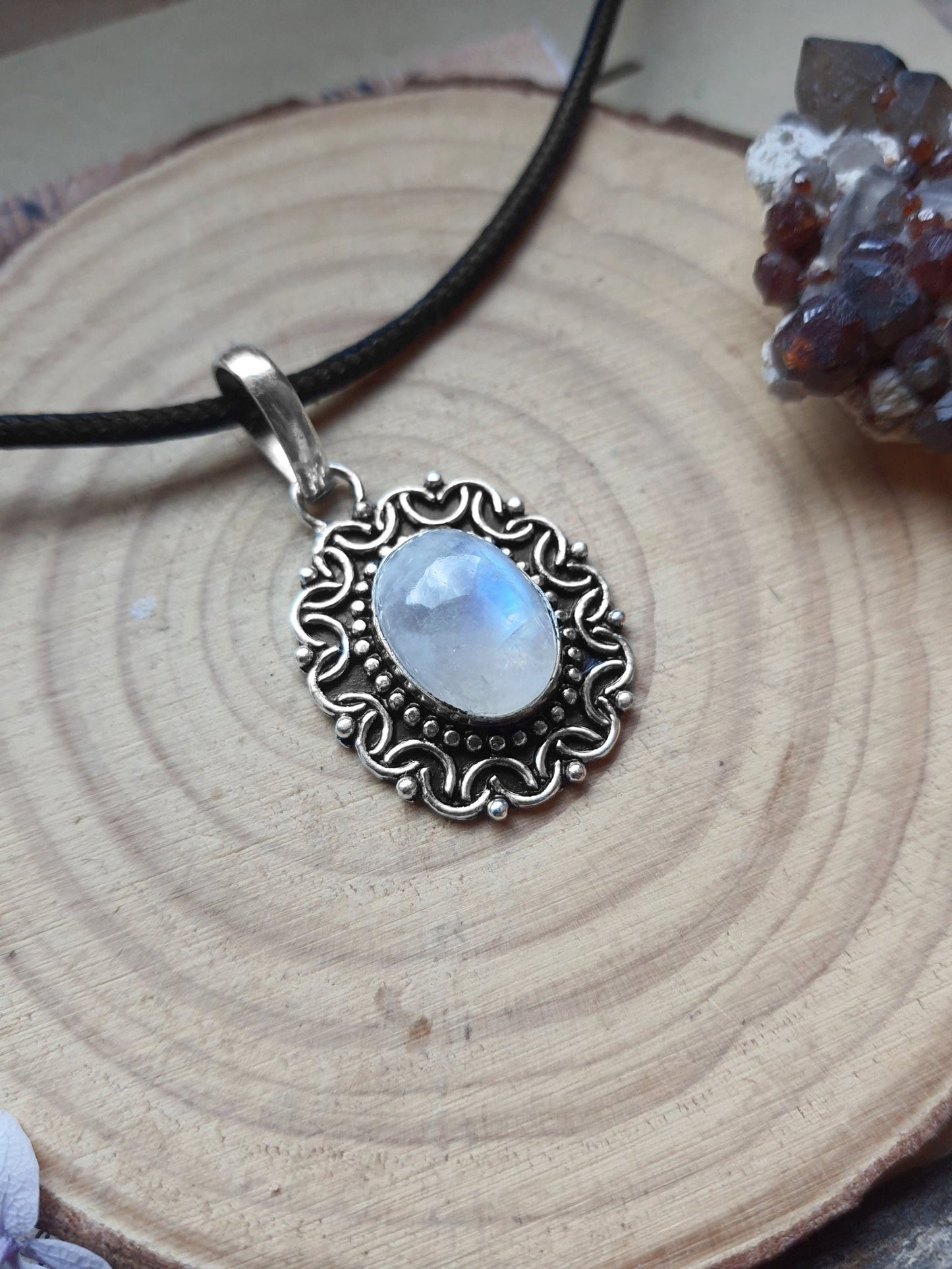 Rainbow Moonstone Sterling Silver Necklace, Oval Filigree Pendant - LunarGem - 