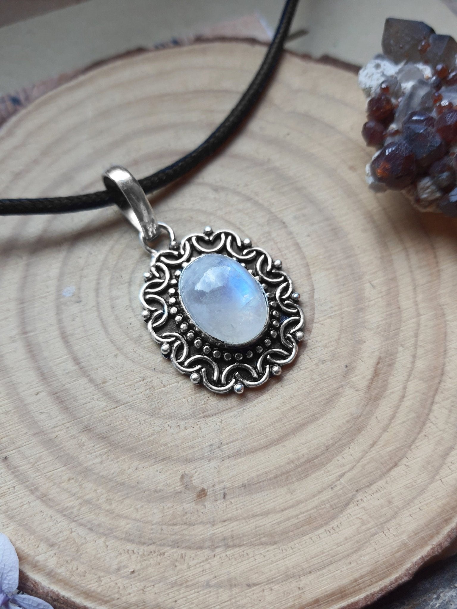 Rainbow Moonstone Sterling Silver Necklace, Oval Filigree Pendant - LunarGem - 