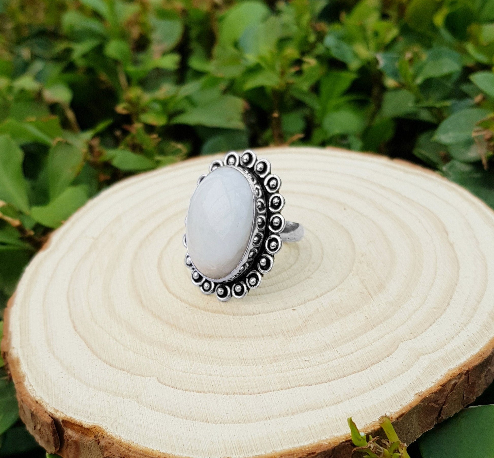 Rainbow Moonstone Sterling Silver Ring - Boho Ethnic Style, US Size 7.5 - LunarGem - Rings