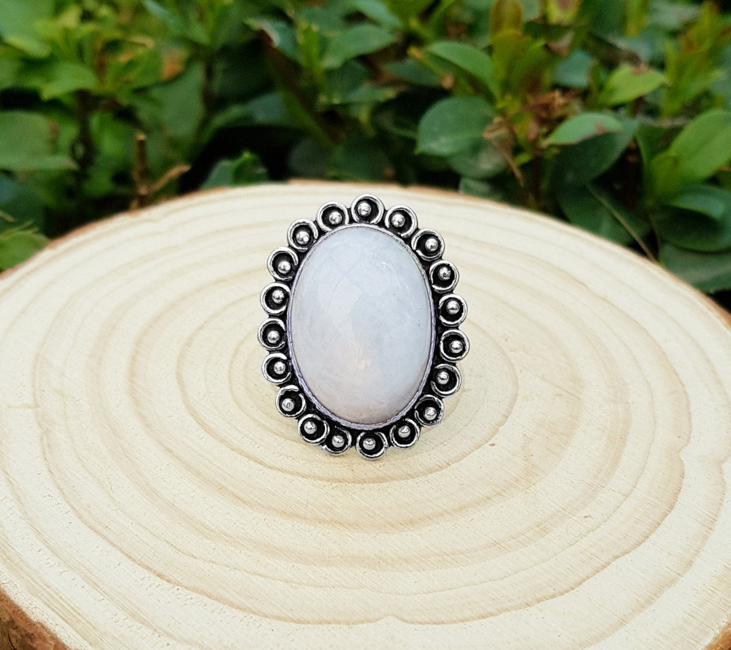 Rainbow Moonstone Sterling Silver Ring - Boho Ethnic Style, US Size 7.5 - LunarGem - Rings