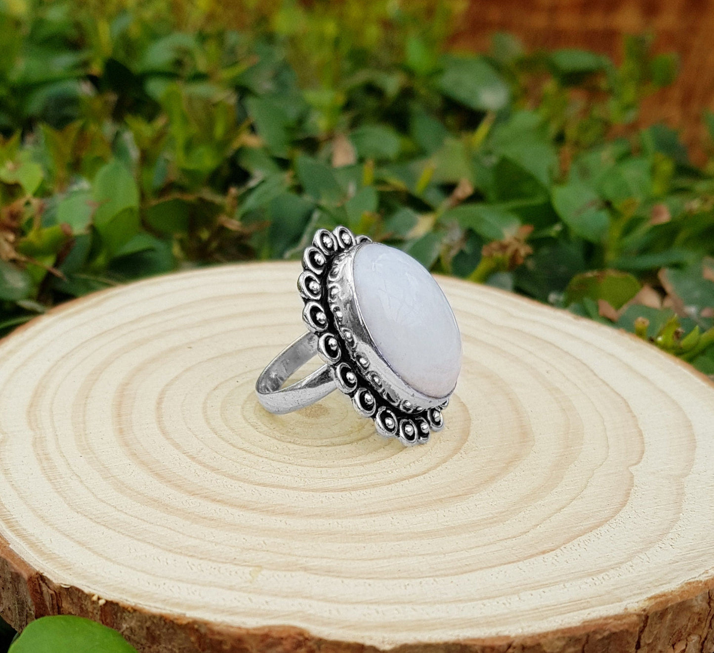 Rainbow Moonstone Sterling Silver Ring - Boho Ethnic Style, US Size 7.5 - LunarGem - Rings
