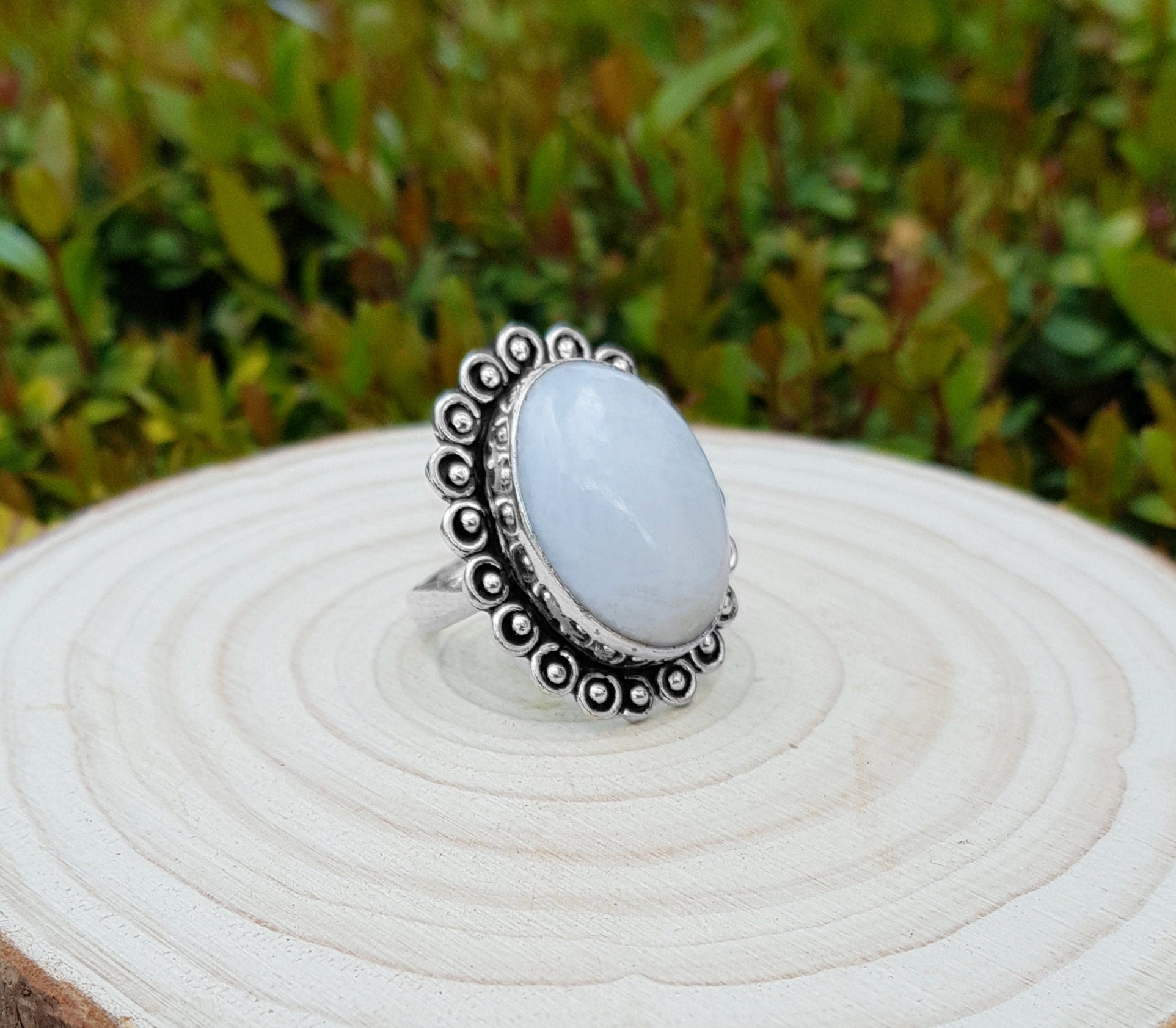 Rainbow Moonstone Sterling Silver Ring - Boho Ethnic Style, US Size 7.5 - LunarGem - Rings