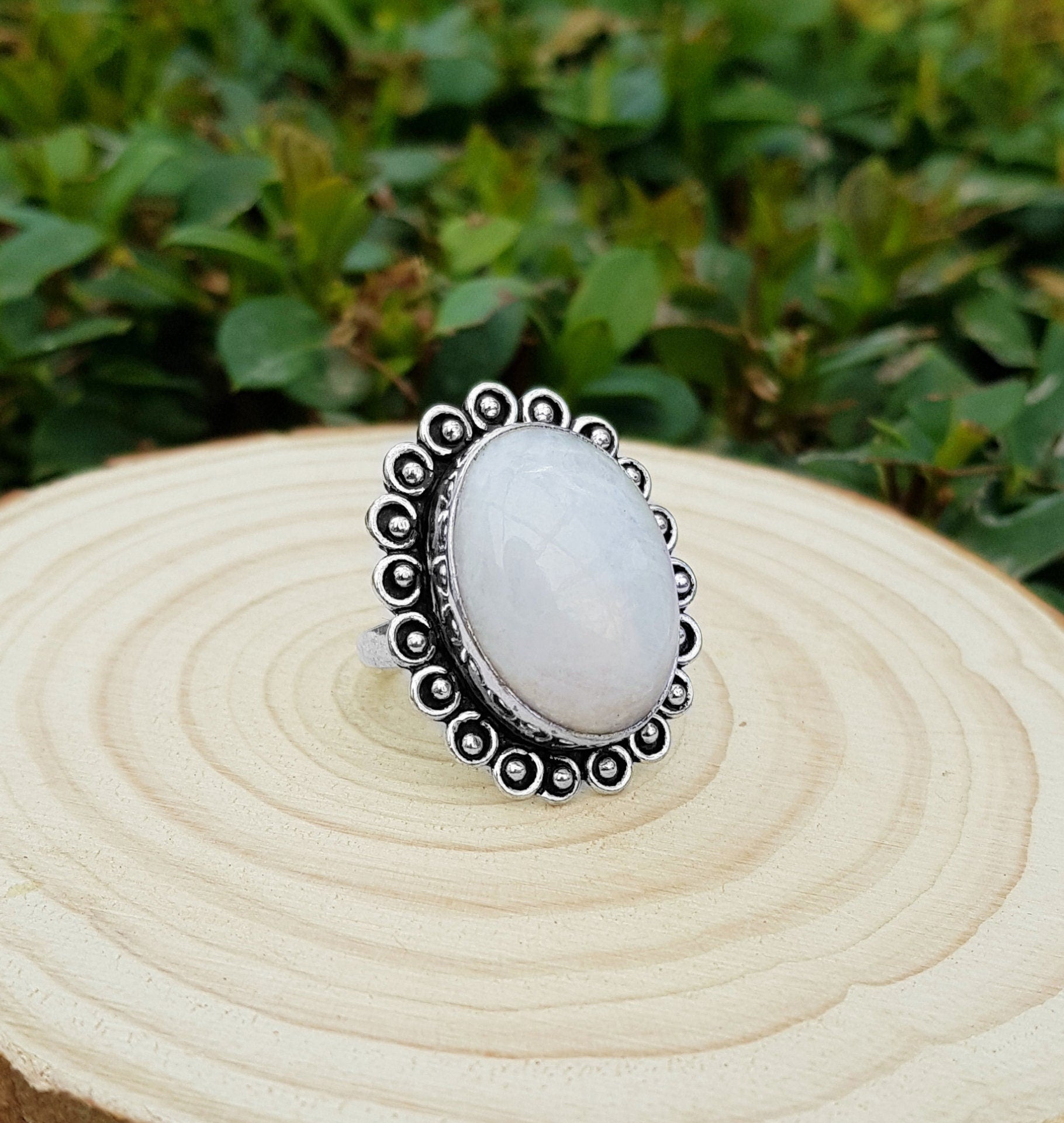 Rainbow Moonstone Sterling Silver Ring - Boho Ethnic Style, US Size 7.5 - LunarGem - Rings