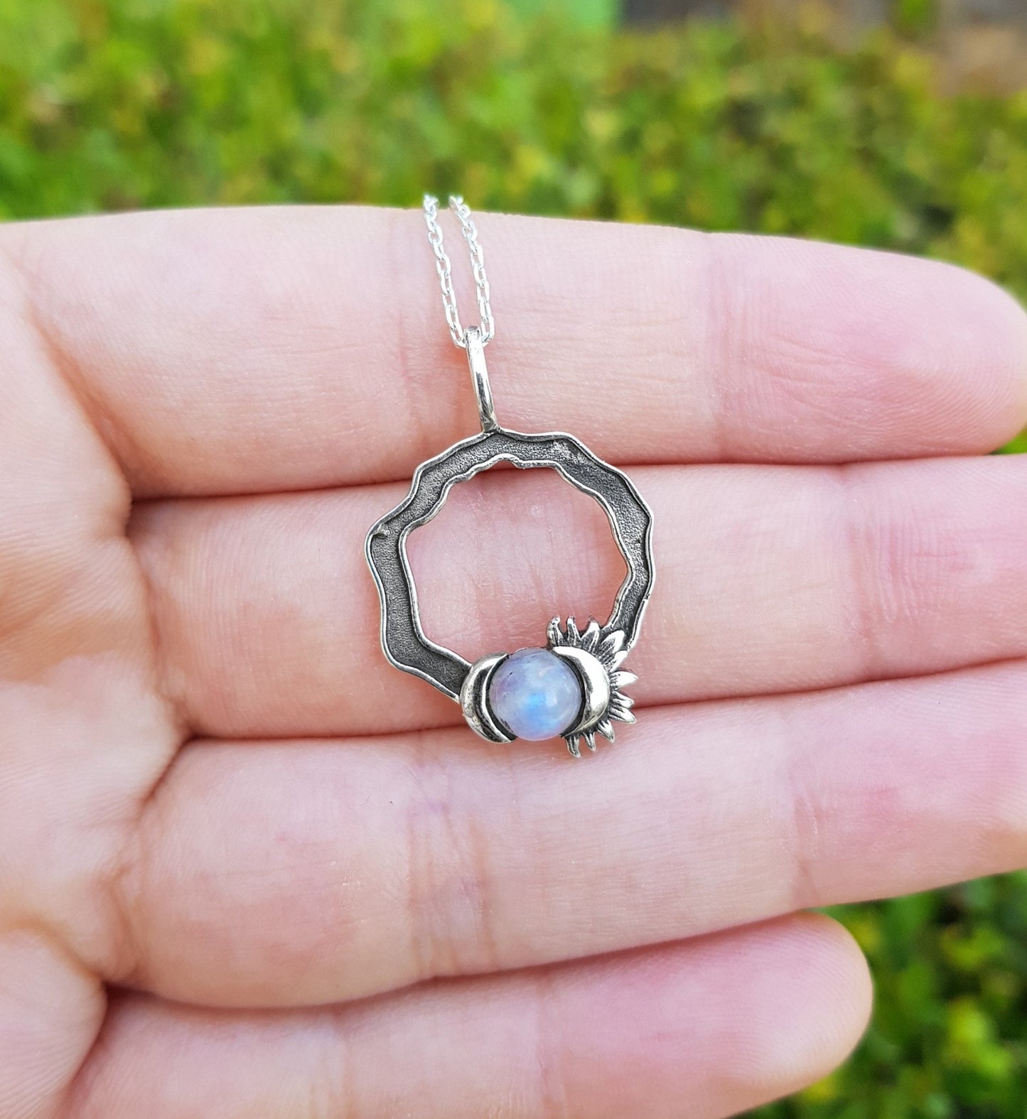 Rainbow Moonstone Sun and Moon Necklace: Sterling Silver Celestial Jewelry - LunarGem - Charms & Pendants