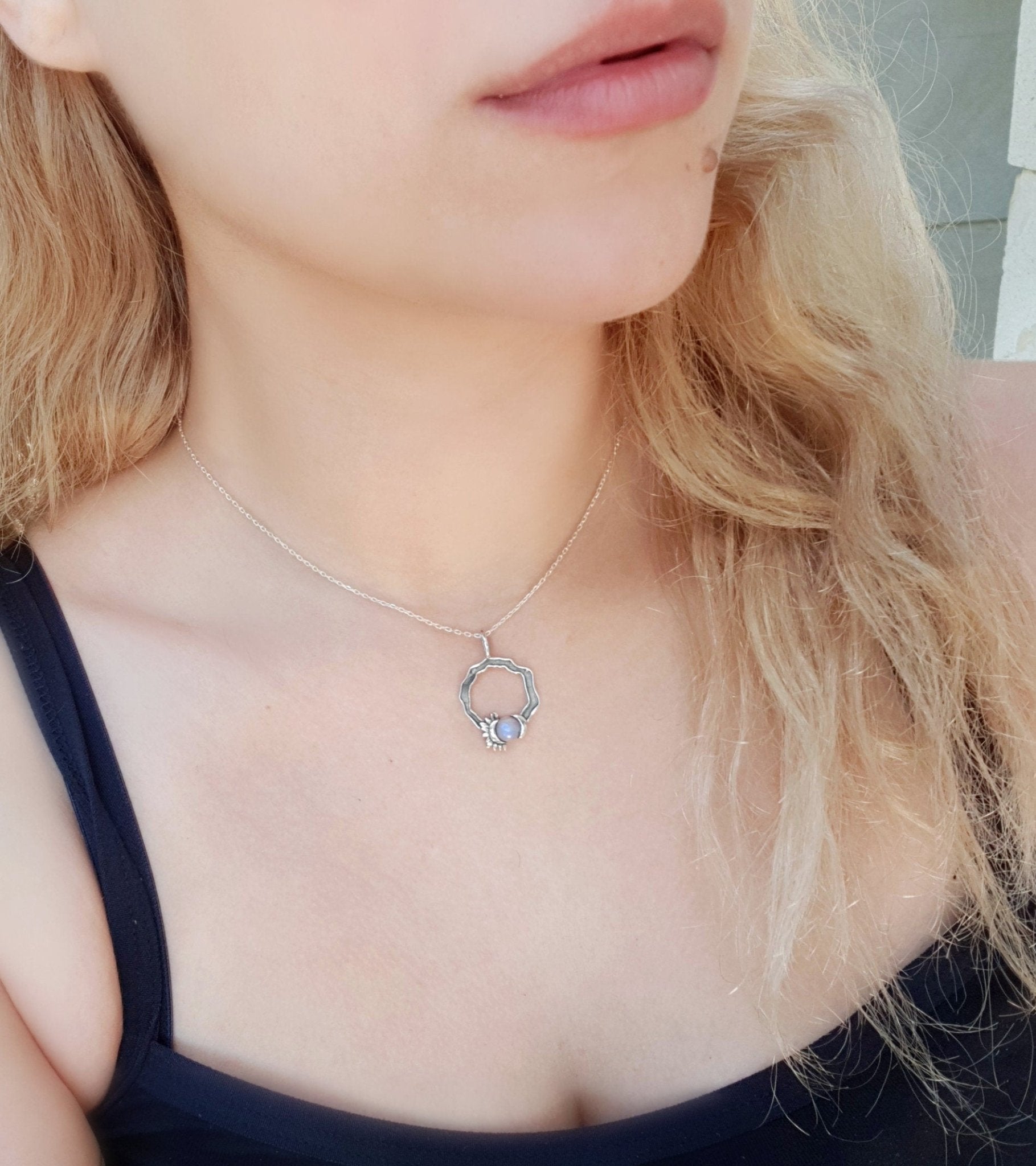 Rainbow Moonstone Sun and Moon Necklace: Sterling Silver Celestial Jewelry - LunarGem - Charms & Pendants