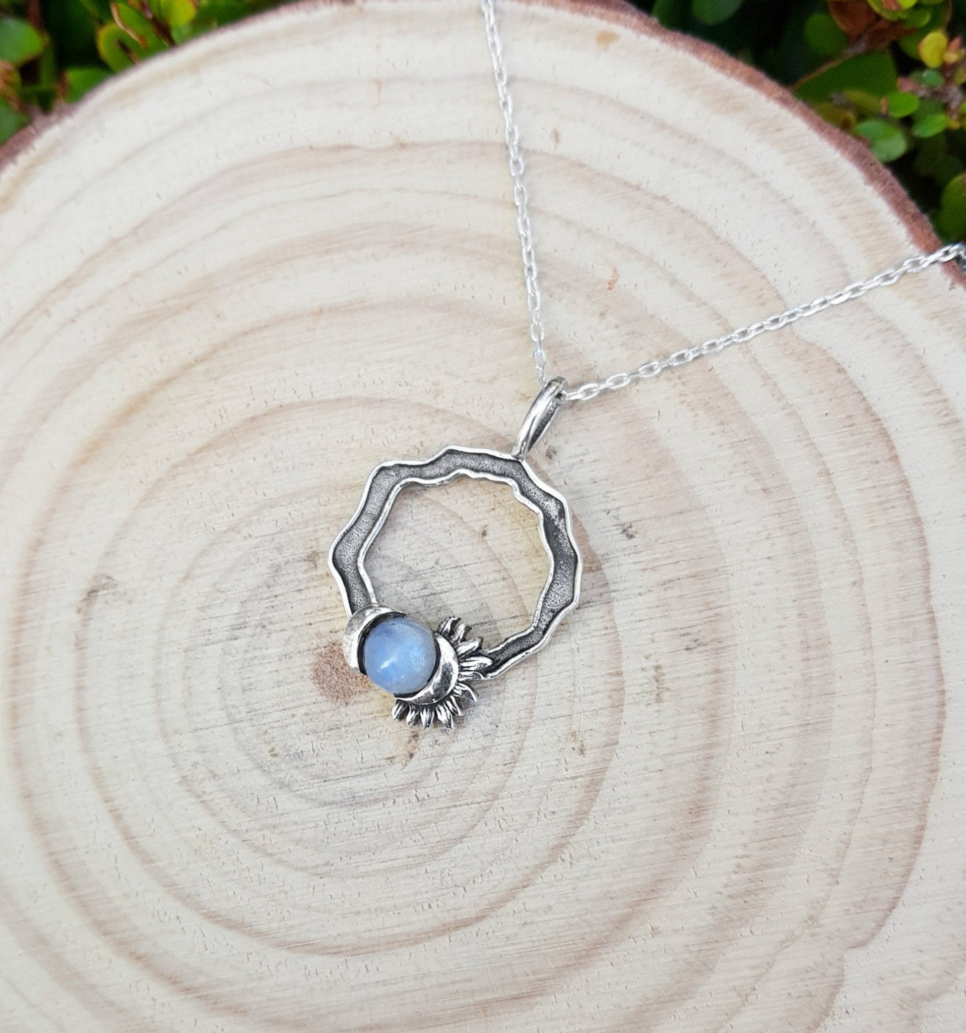 Rainbow Moonstone Sun and Moon Necklace: Sterling Silver Celestial Jewelry - LunarGem - Charms & Pendants