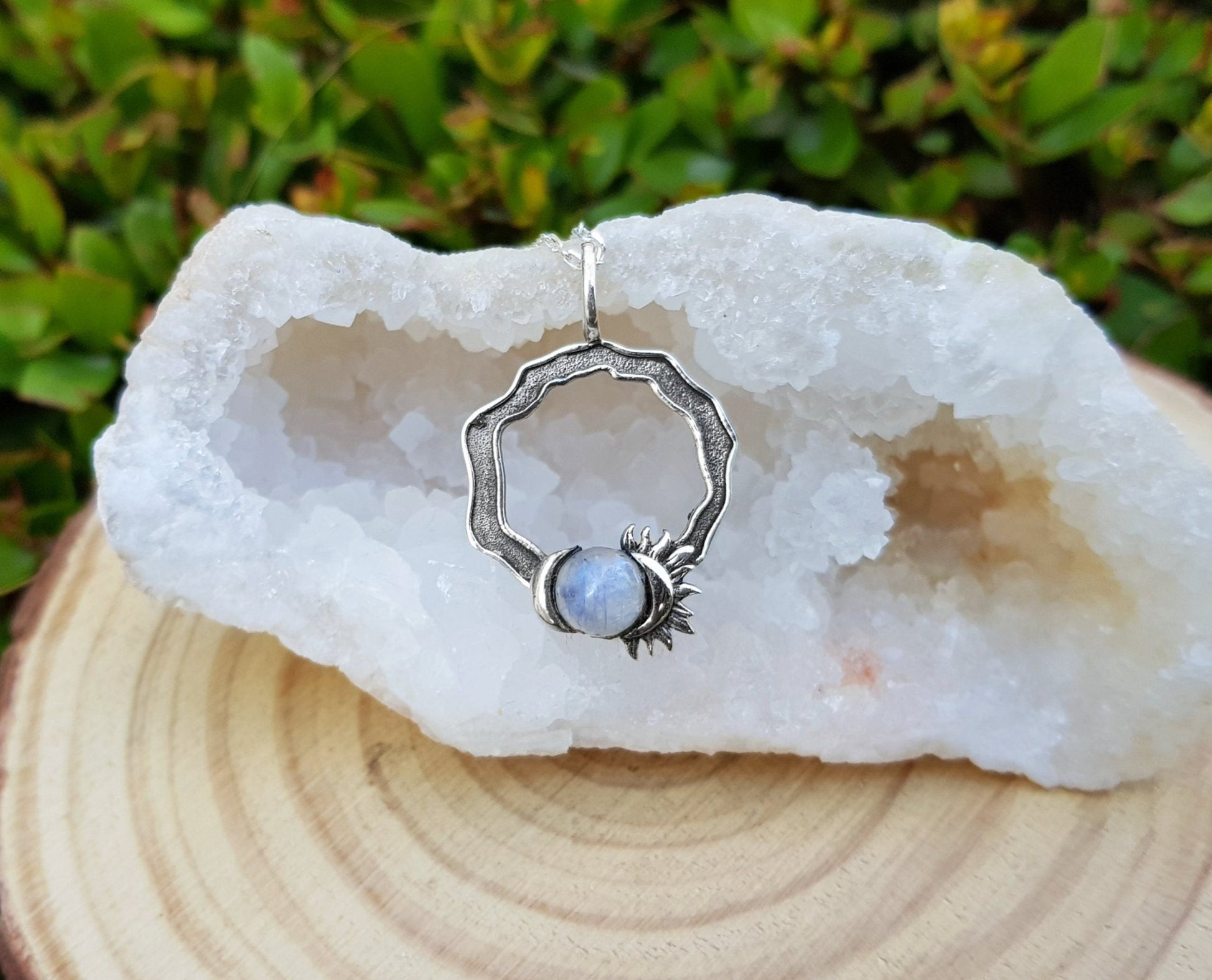 Rainbow Moonstone Sun and Moon Necklace: Sterling Silver Celestial Jewelry - LunarGem - Charms & Pendants
