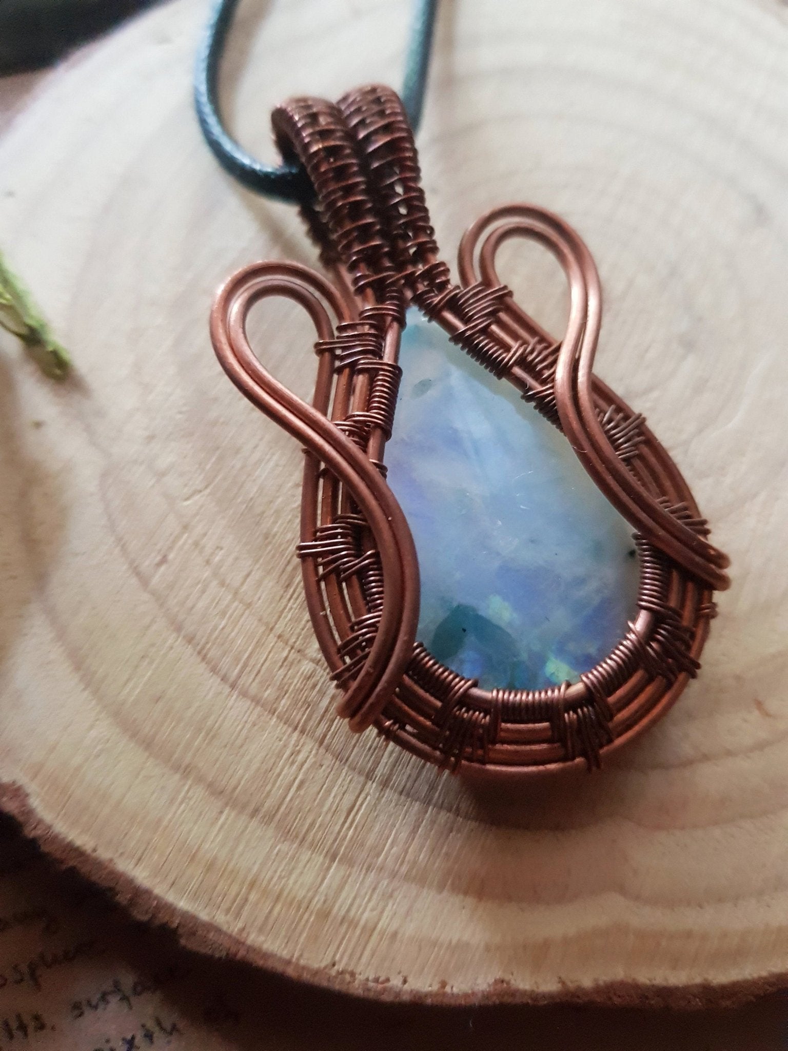 Rainbow Moonstone Wire Wrapped Necklace One Of A Kind Gift - LunarGem - 