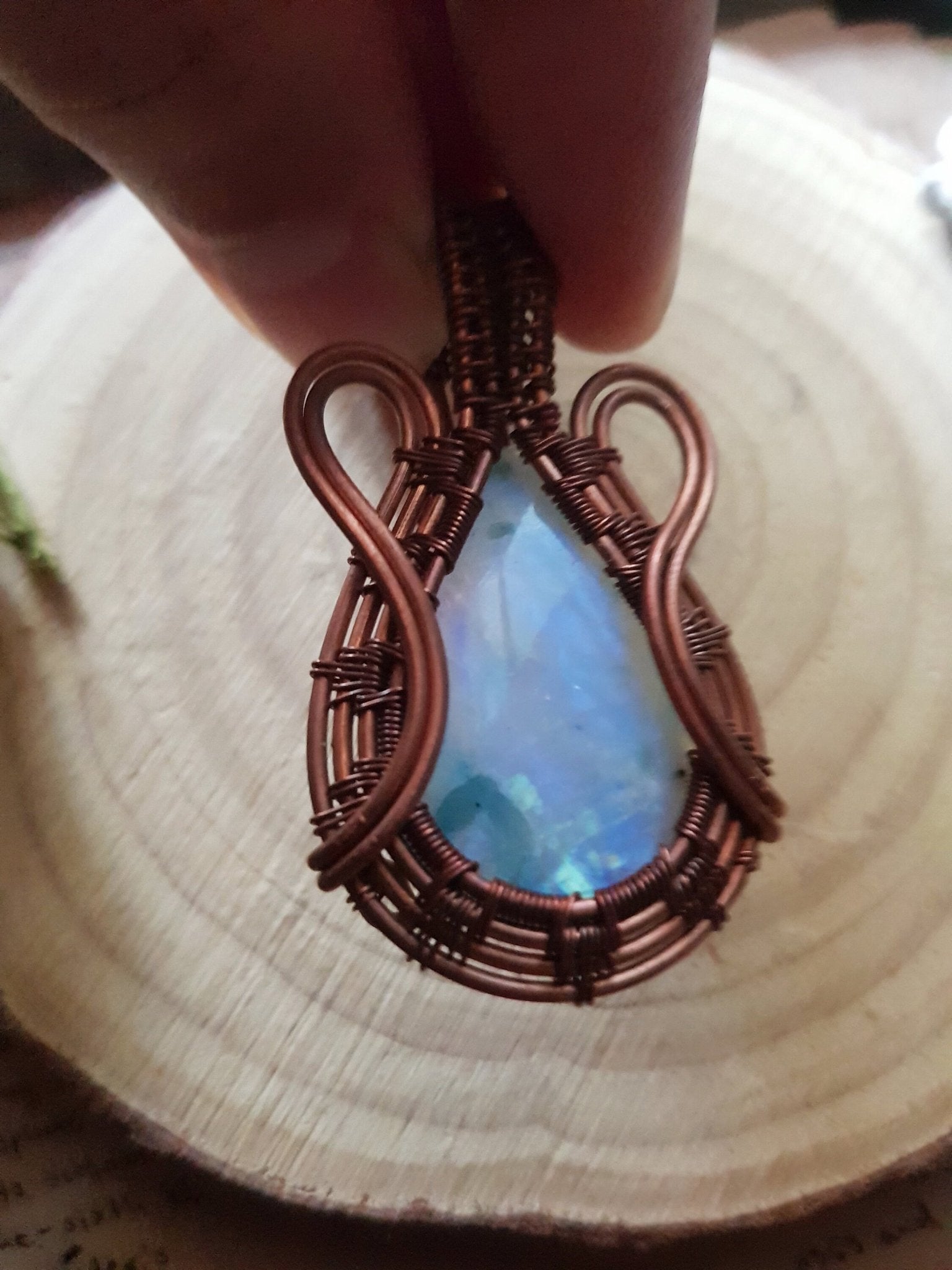 Rainbow Moonstone Wire Wrapped Necklace One Of A Kind Gift - LunarGem - 