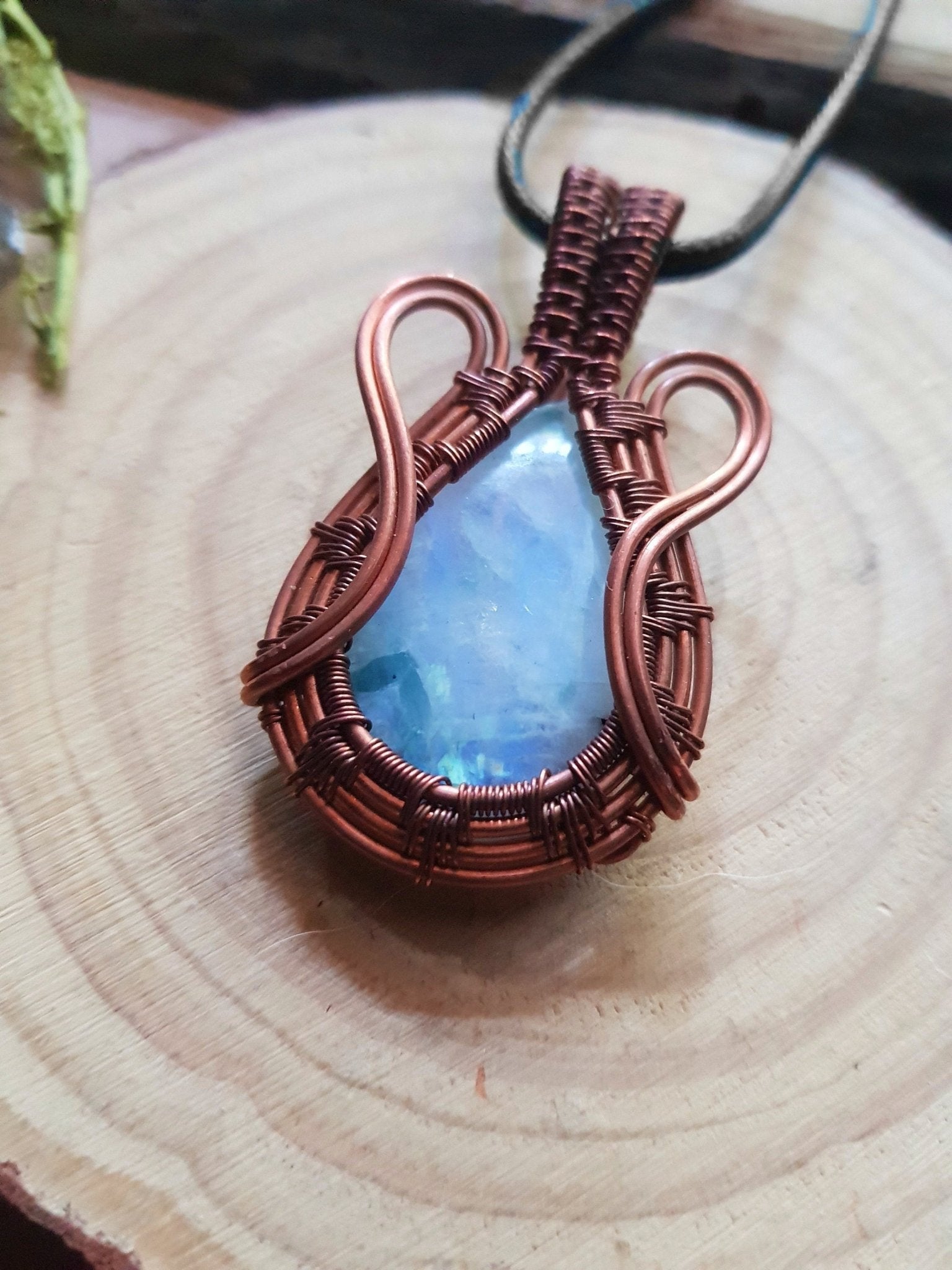 Rainbow Moonstone Wire Wrapped Necklace One Of A Kind Gift - LunarGem - 