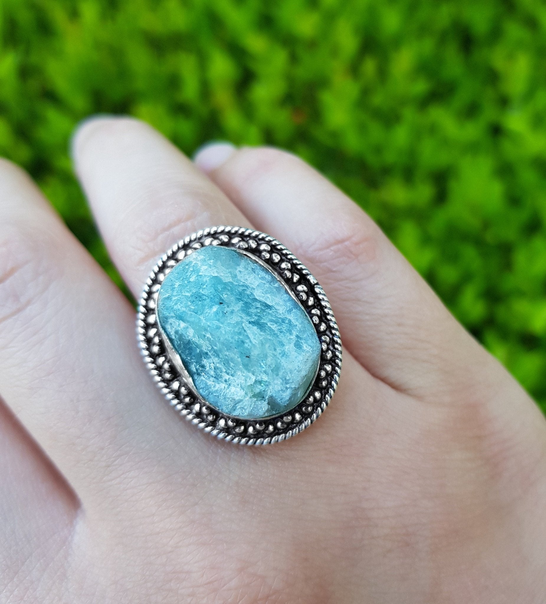 Raw Apatite Sterling Silver Ring: Boho Gemstone Jewelry, US Size 7 3/4 - LunarGem - Rings