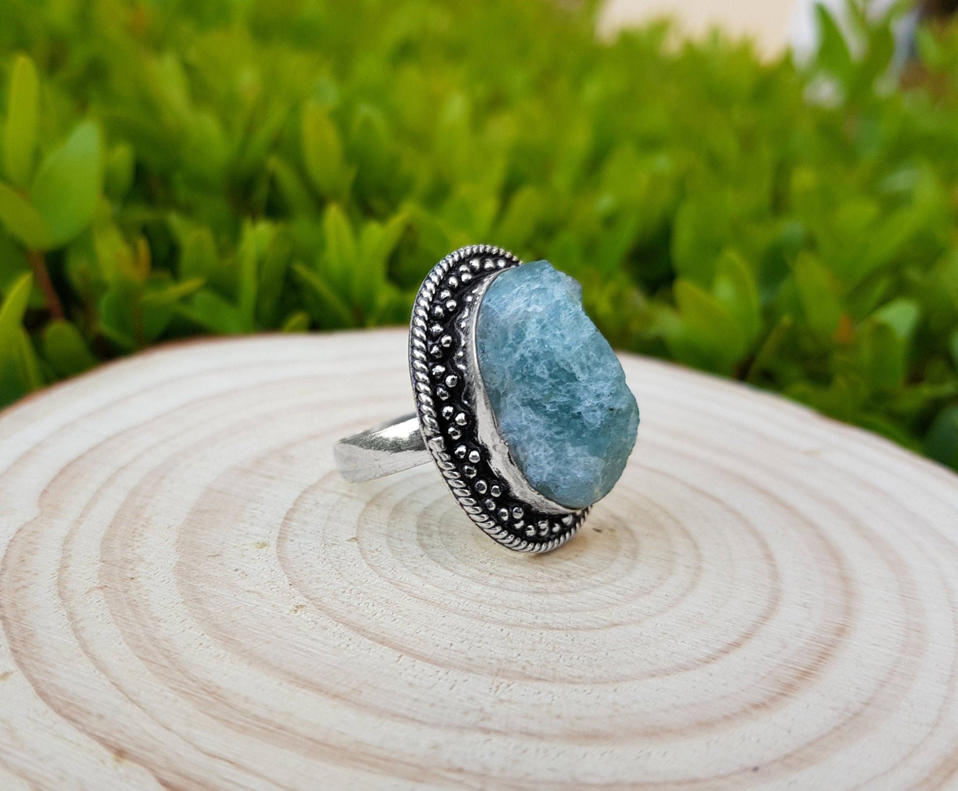 Raw Apatite Sterling Silver Ring: Boho Gemstone Jewelry, US Size 7 3/4 - LunarGem - Rings