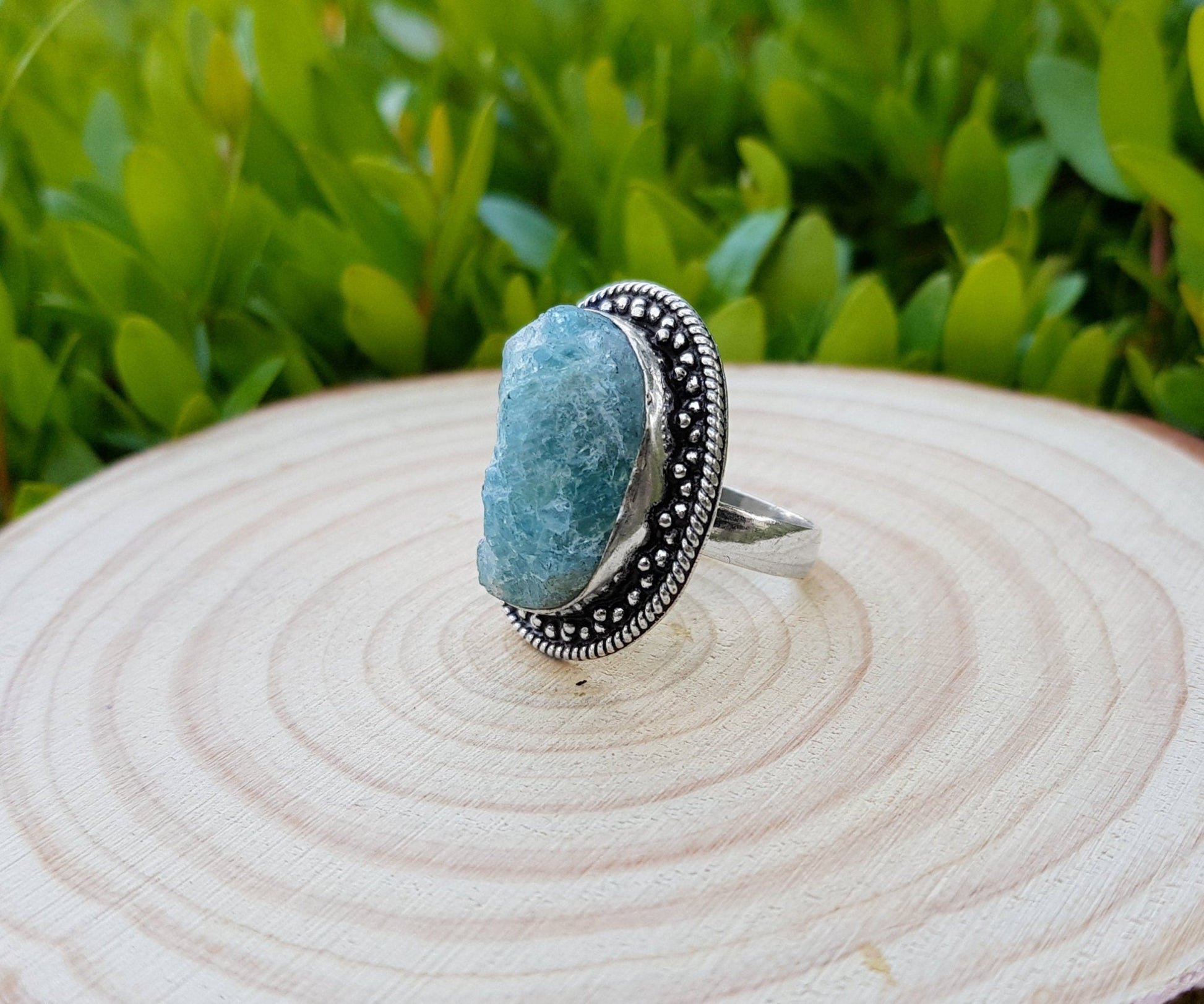 Raw Apatite Sterling Silver Ring: Boho Gemstone Jewelry, US Size 7 3/4 - LunarGem - Rings