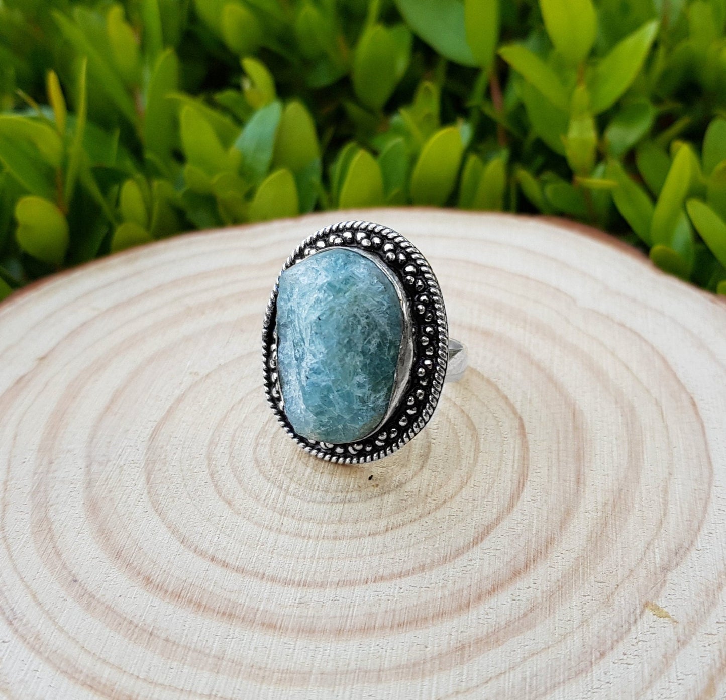 Raw Apatite Sterling Silver Ring: Boho Gemstone Jewelry, US Size 7 3/4 - LunarGem - Rings