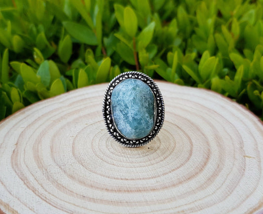 Raw Apatite Sterling Silver Ring: Boho Gemstone Jewelry, US Size 7 3/4 - LunarGem - Rings