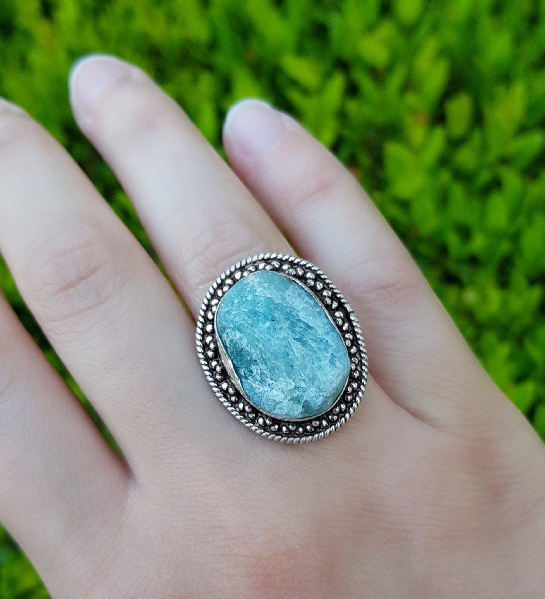 Raw Apatite Sterling Silver Ring: Boho Gemstone Jewelry, US Size 7 3/4 - LunarGem - Rings