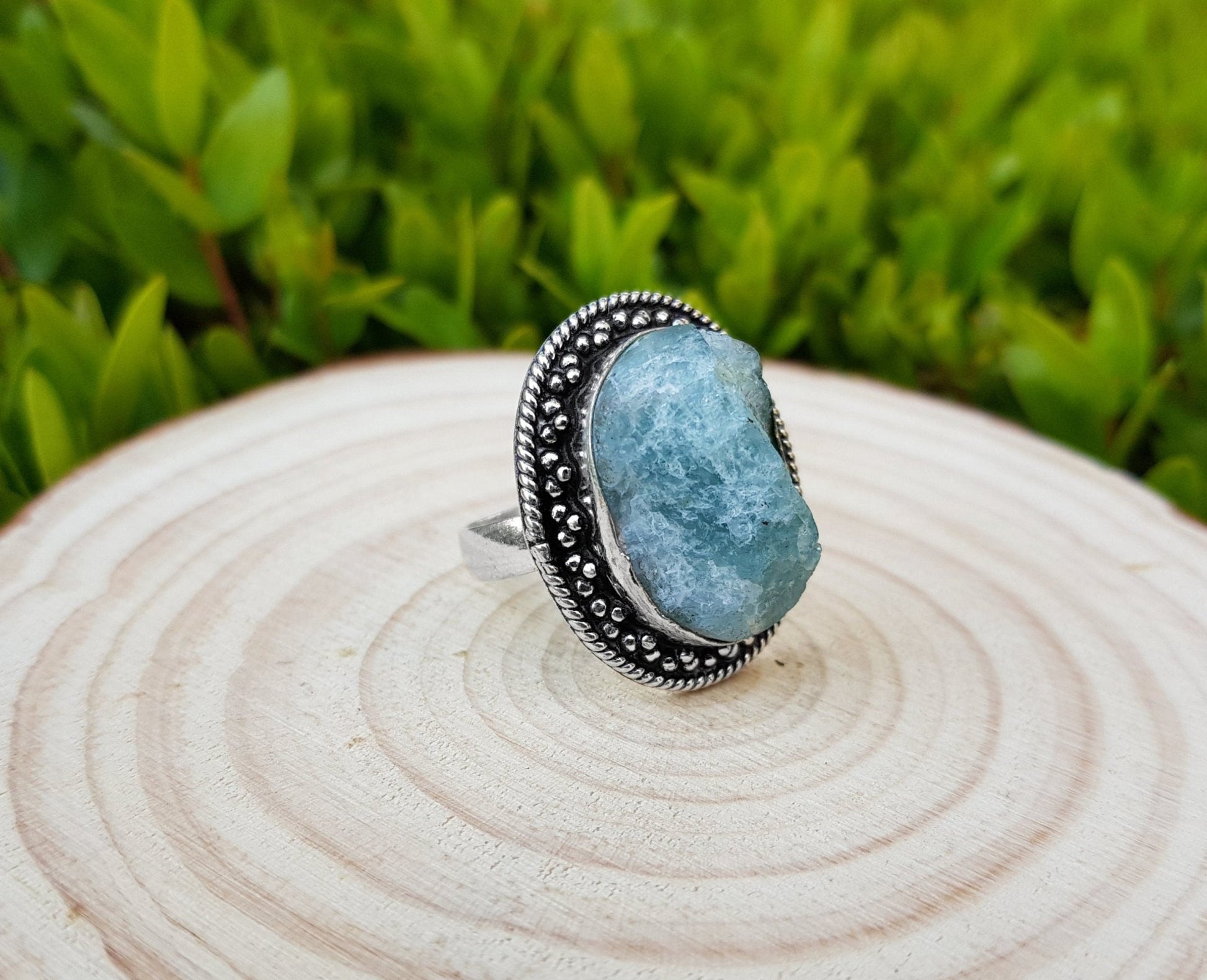 Raw Apatite Sterling Silver Ring: Boho Gemstone Jewelry, US Size 7 3/4 - LunarGem - Rings