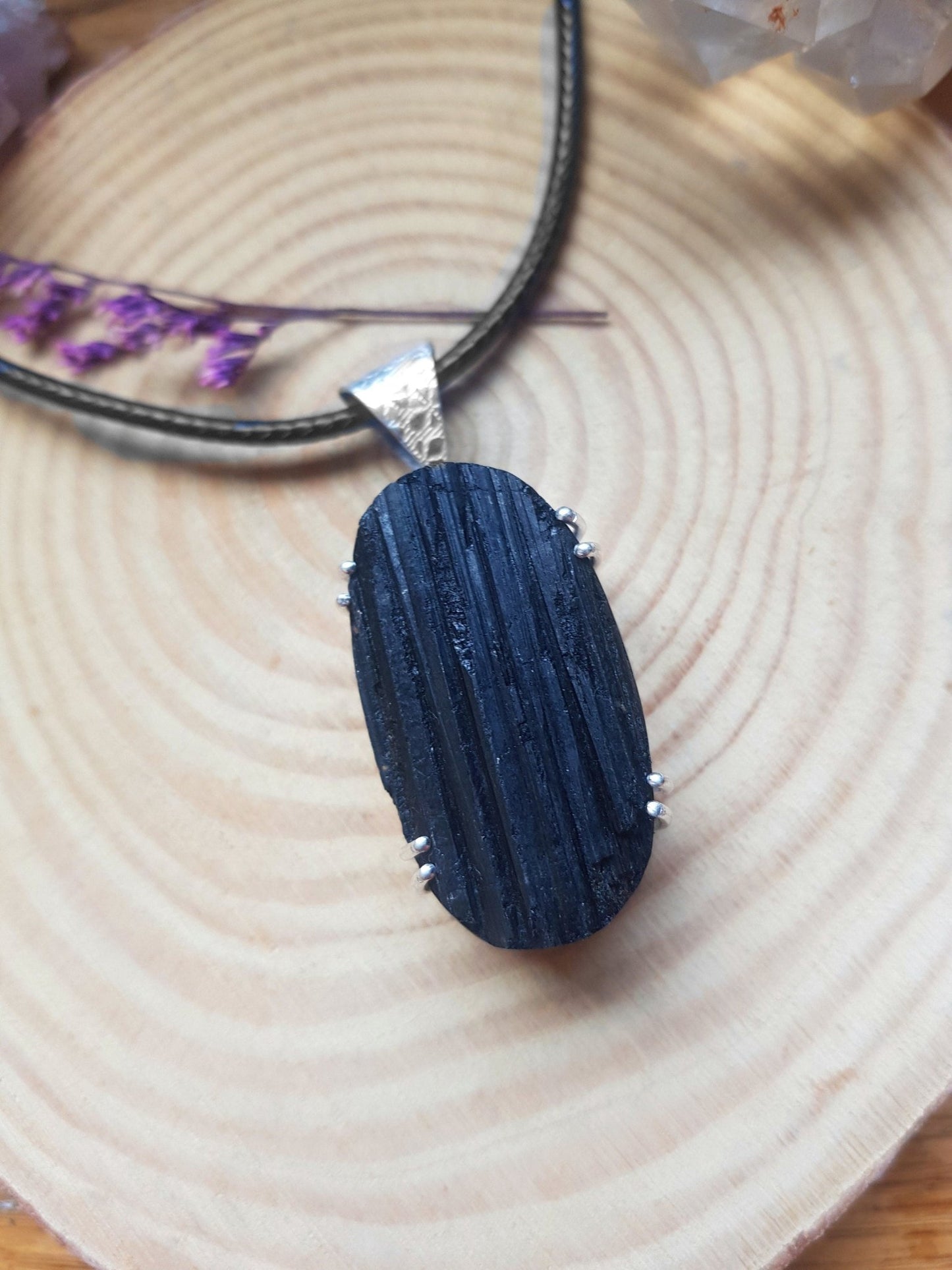 Raw Black Tourmaline Necklace, Sterling Silver Boho Pendant, One of a Kind - LunarGem - 