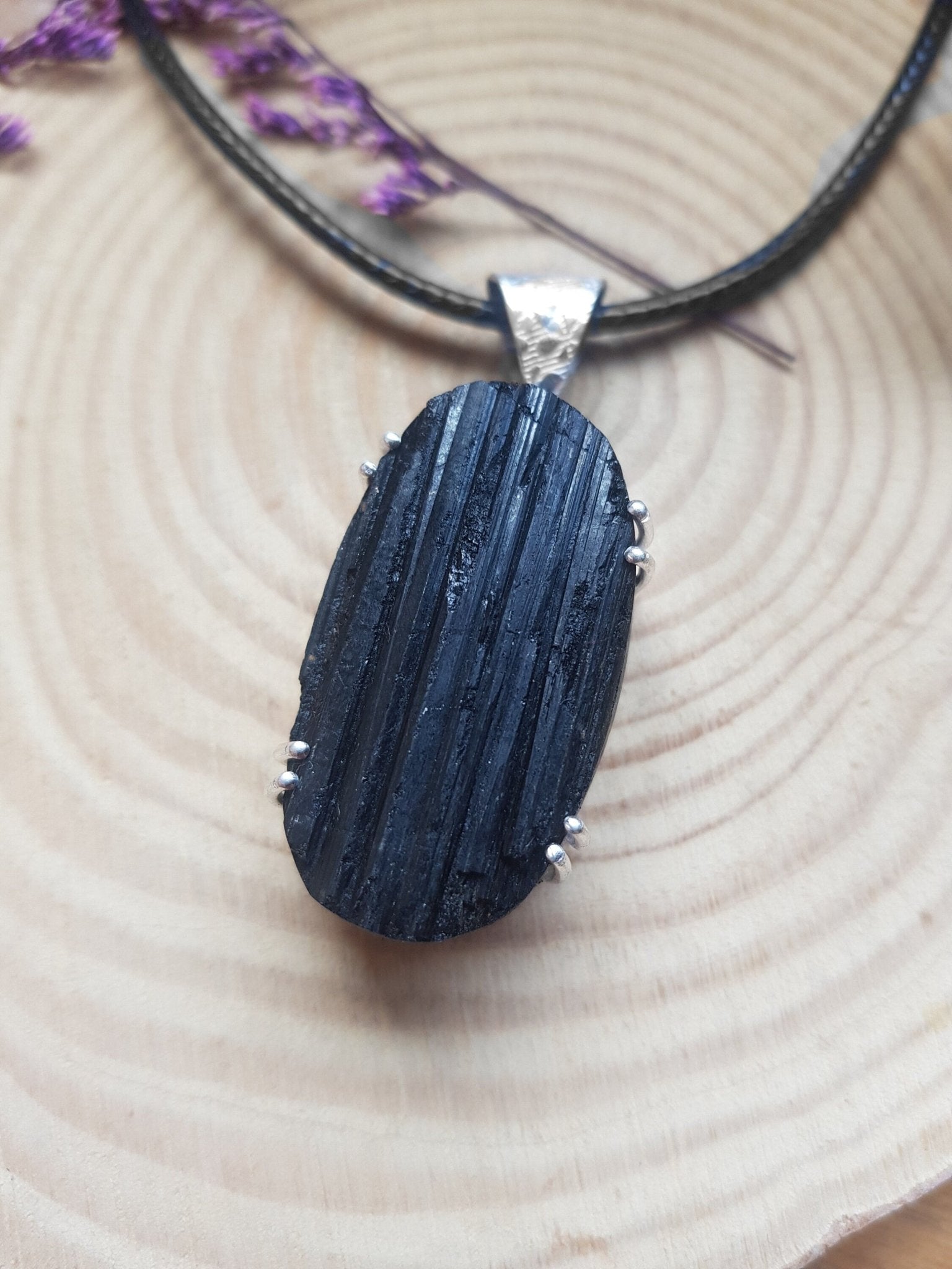 Raw Black Tourmaline Necklace, Sterling Silver Boho Pendant, One of a Kind - LunarGem - 