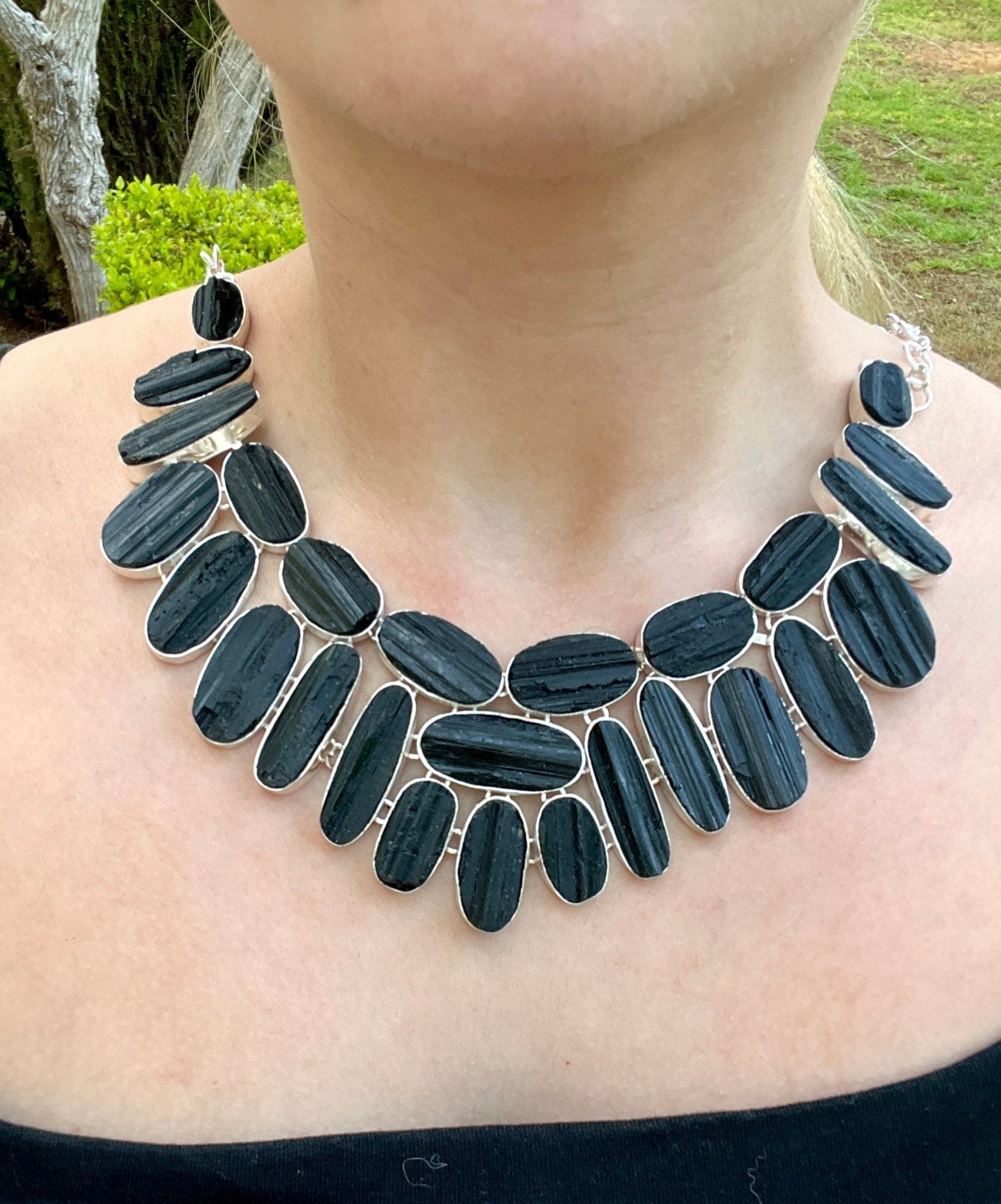 Raw Black Tourmaline Sterling Silver Statement Necklace, Multi Stone - LunarGem - 