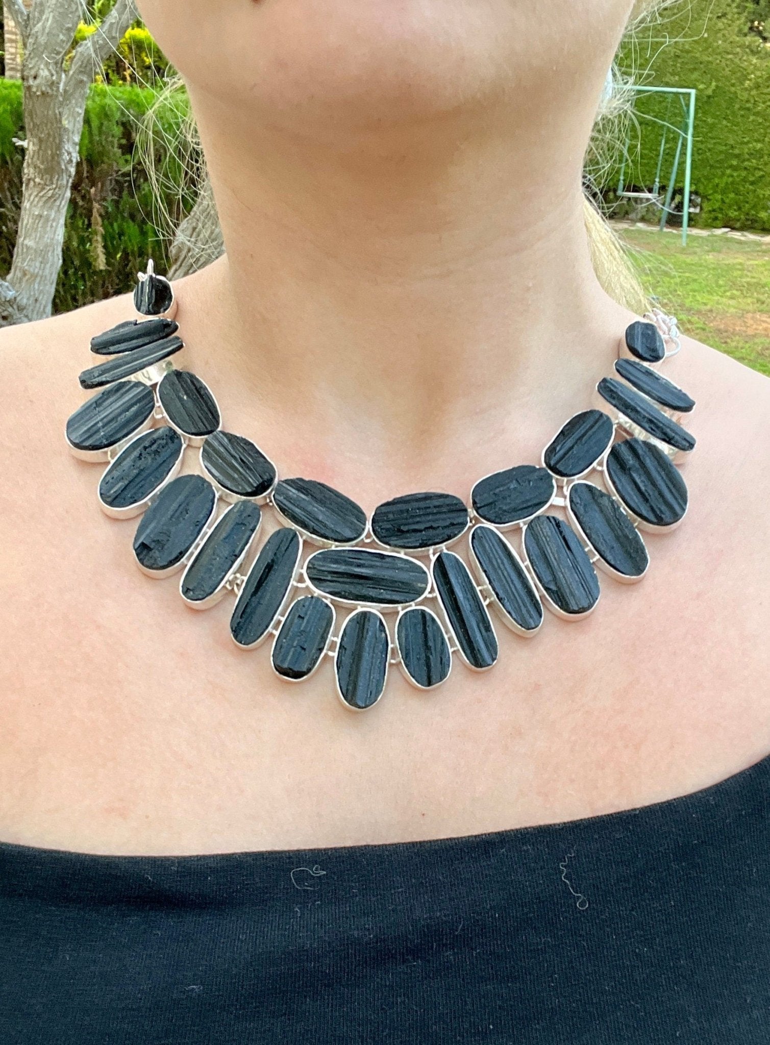 Raw Black Tourmaline Sterling Silver Statement Necklace, Multi Stone - LunarGem - 