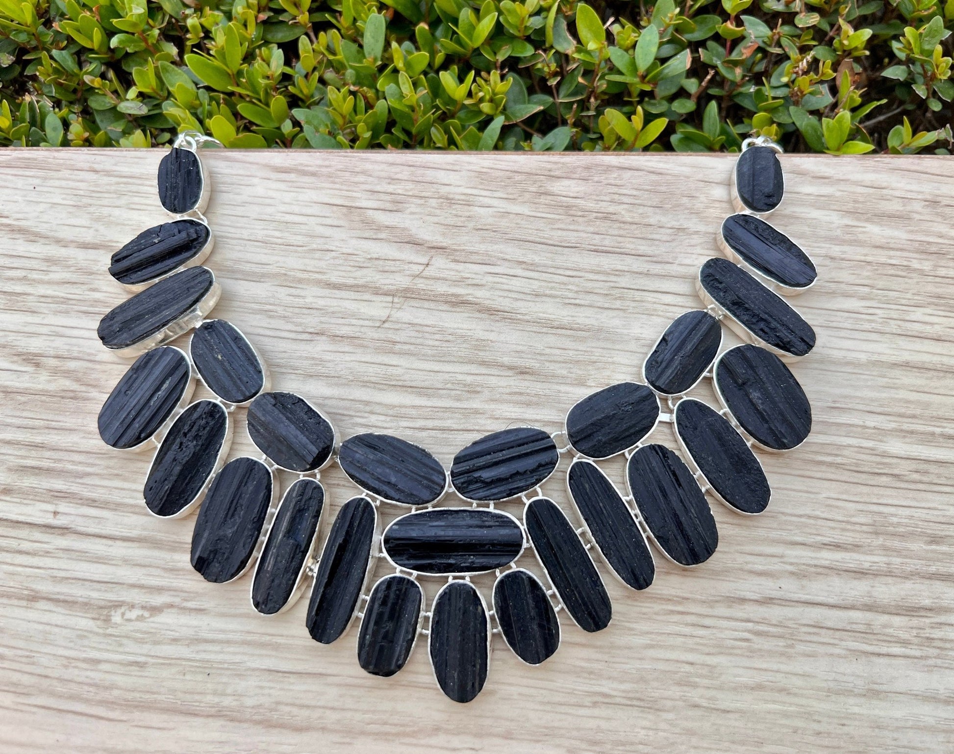 Raw Black Tourmaline Sterling Silver Statement Necklace, Multi Stone - LunarGem - 