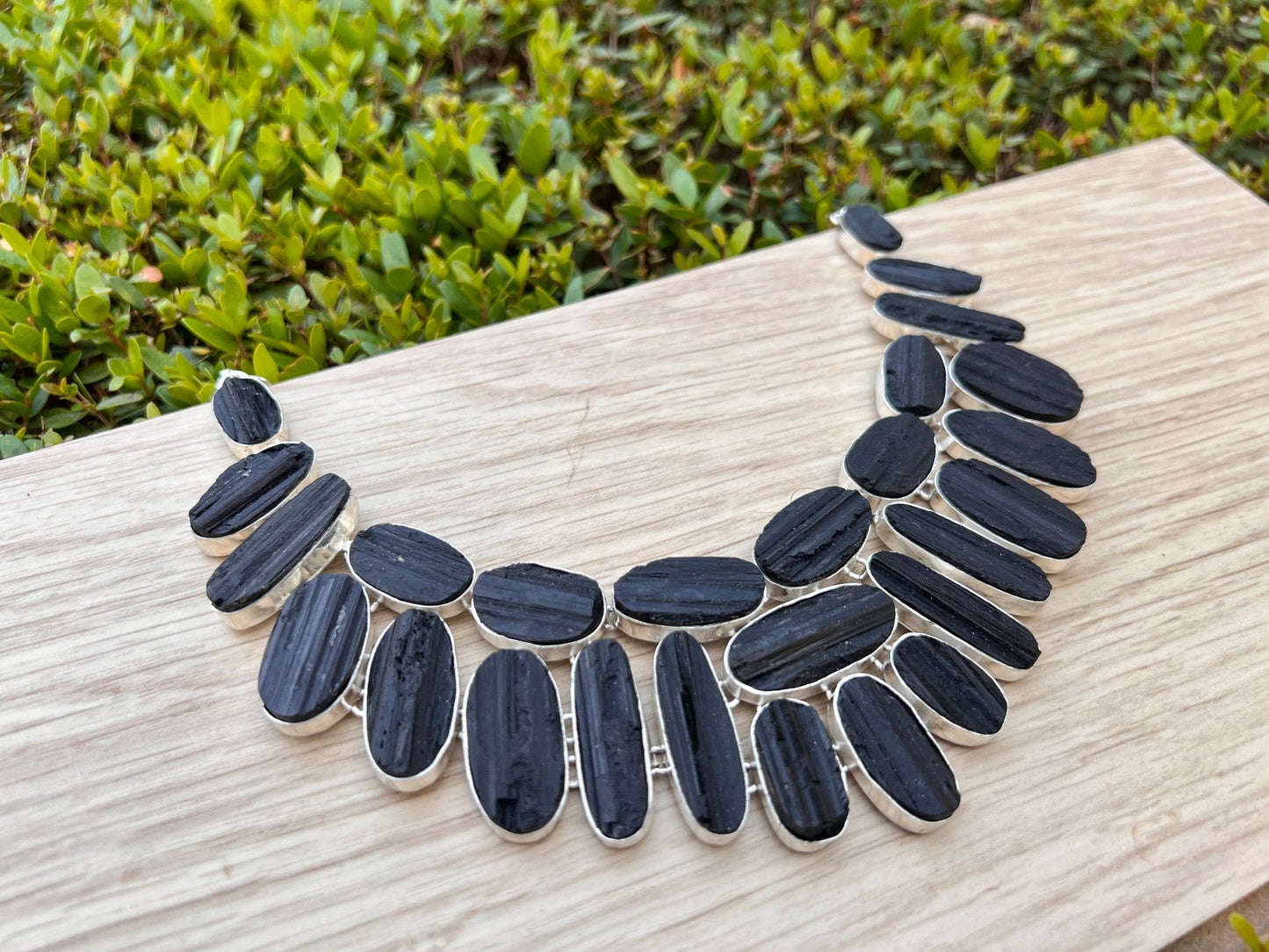 Raw Black Tourmaline Sterling Silver Statement Necklace, Multi Stone - LunarGem - 